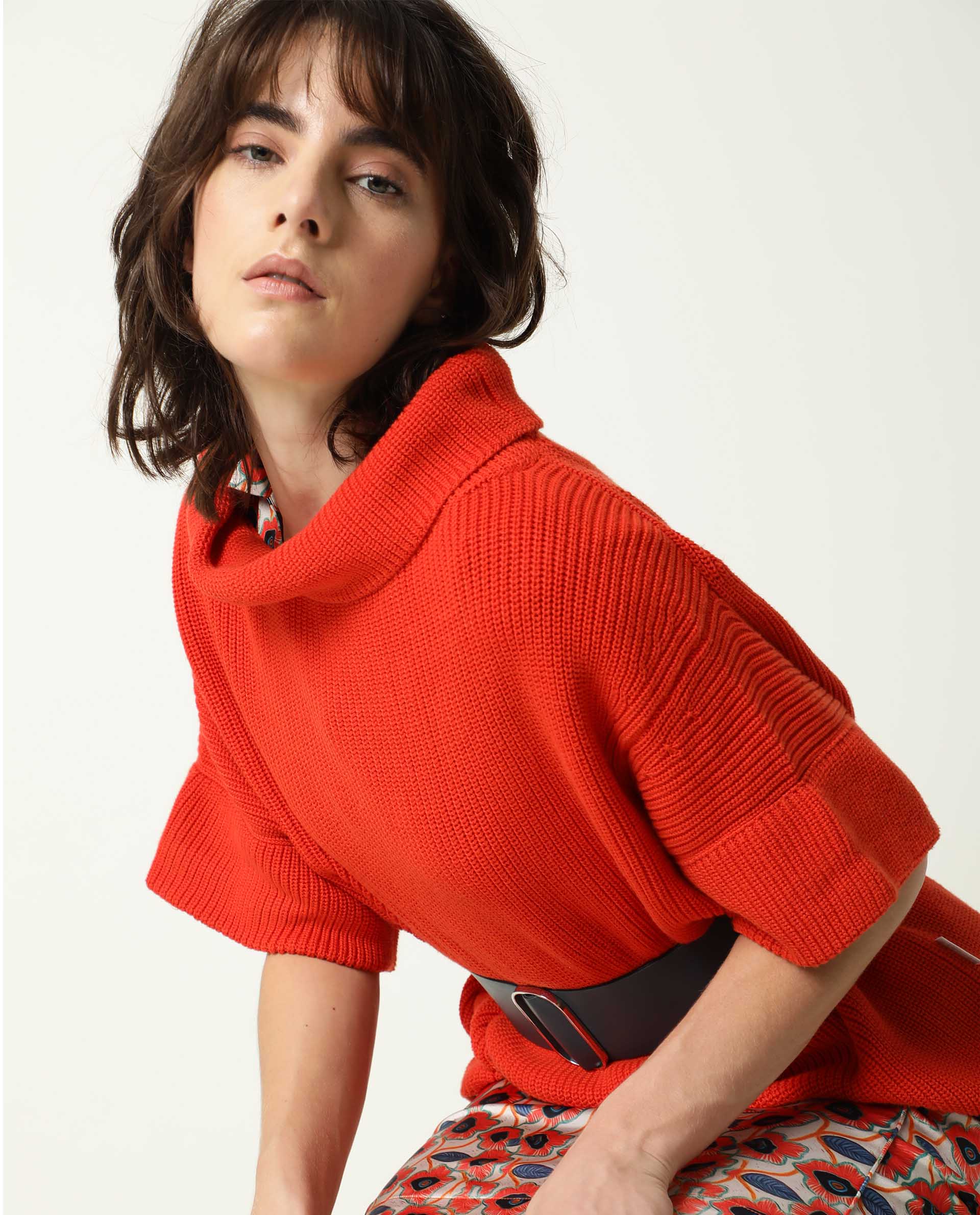 Rareism Women's Daffy Orange Cotton Cowl Neck Plain Cuffed Sleeve Relaxed Fit Sweater