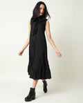Rareism Women's Gino Black Polyester Blend Tie-Up Neck Plain Sleeveless Knee Length Regular Fit Dress