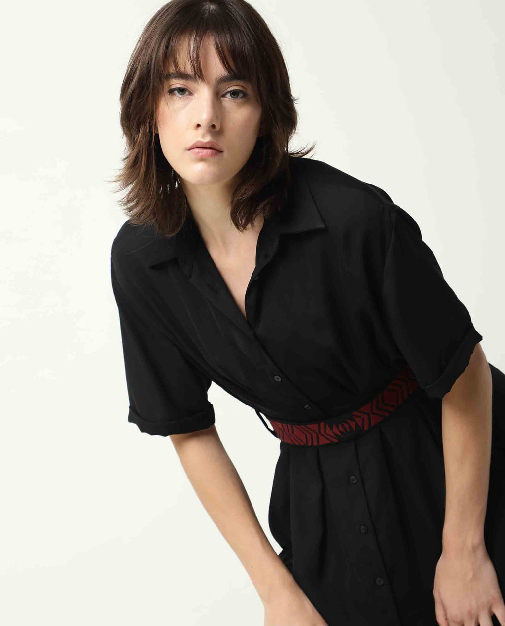 Rareism Women's Shroff Black Polyester Spread Collar Plain Midi Relaxed Fit Dress