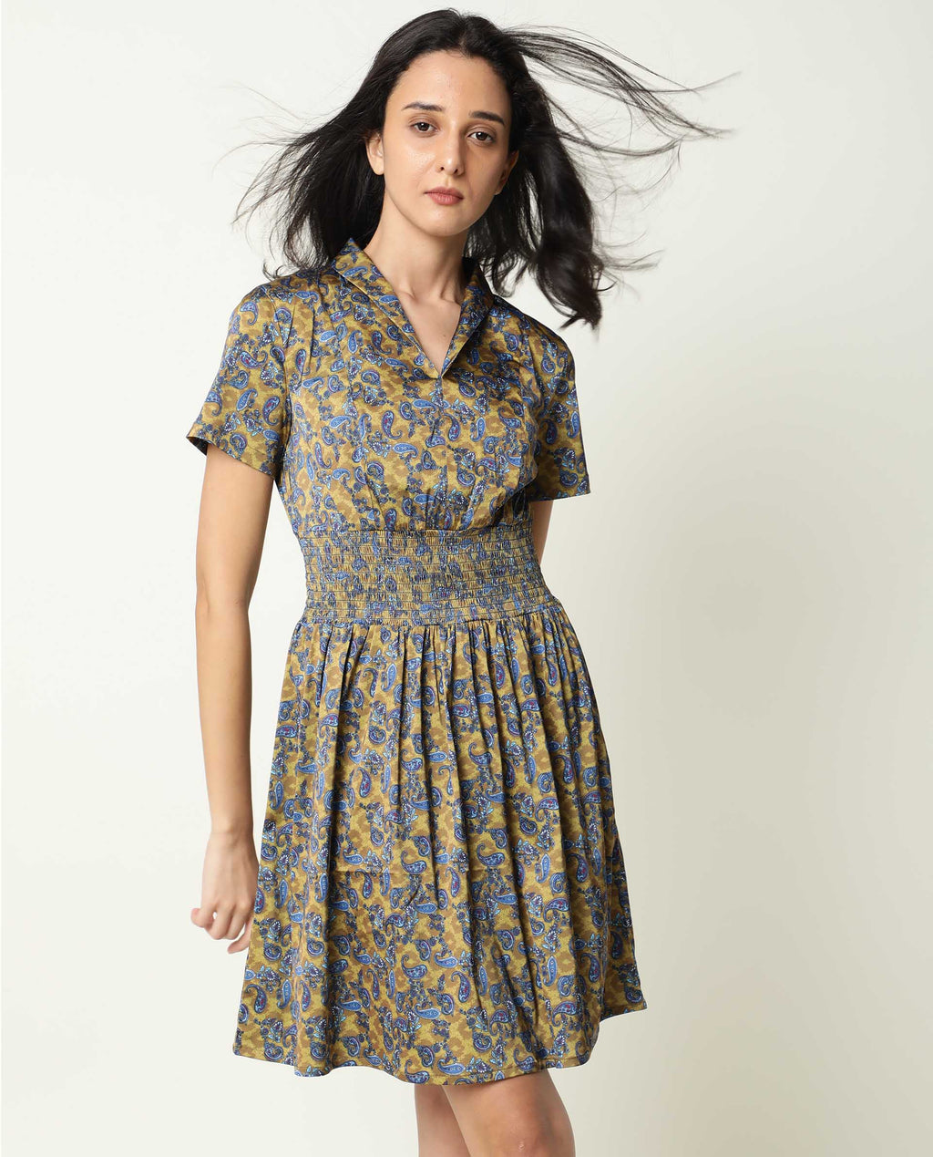 Rareism Women's Joss-Olive Modal V-Neck Abstract Print Mini Regular Fit Dress