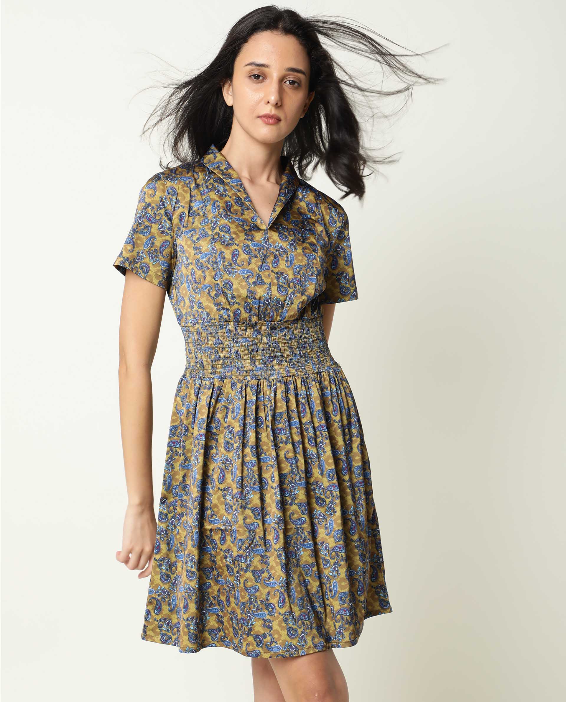 Rareism Women's Joss-Olive Modal V-Neck Abstract Print Mini Regular Fit Dress