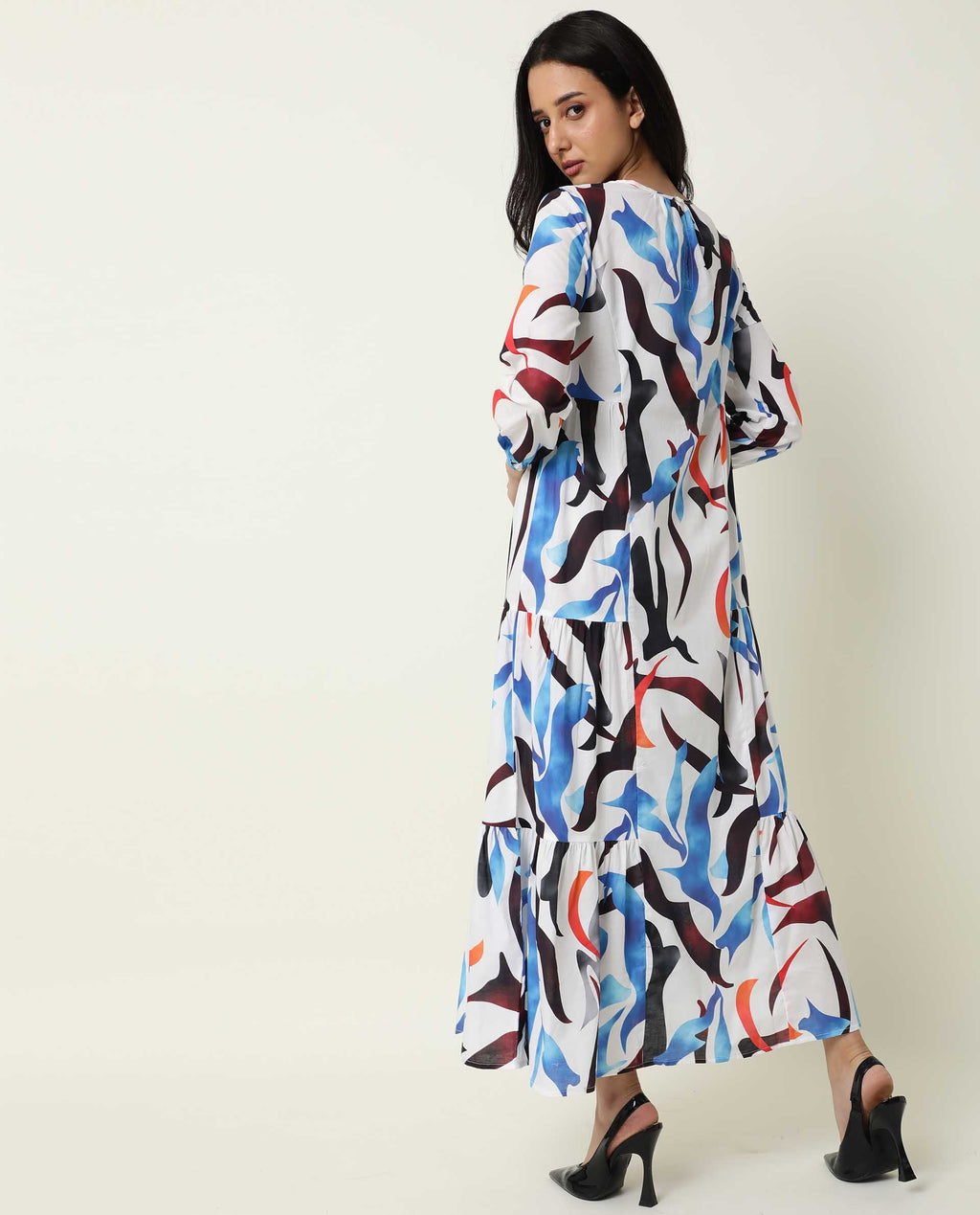 Rareism Women's Europe White Boat Neck Abstract Print Maxi Regular Fit Dress