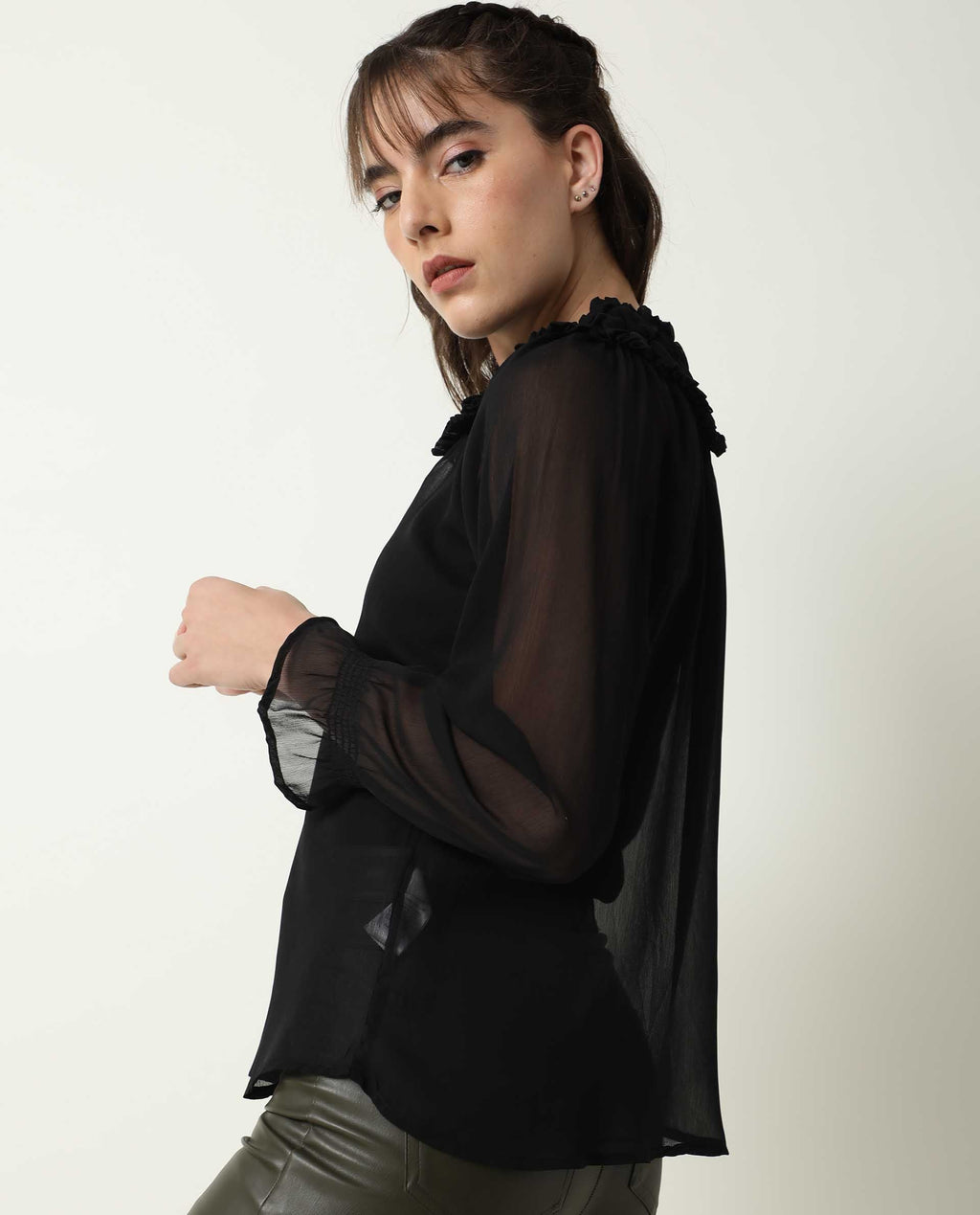 Rareism Women's Pesto Black Viscose Tie-Up Neck Plain Tailored Top