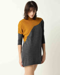 Rareism Women's Spaton Grey Acrylic High Neck Color Block Knee Length Regular Fit Sweater