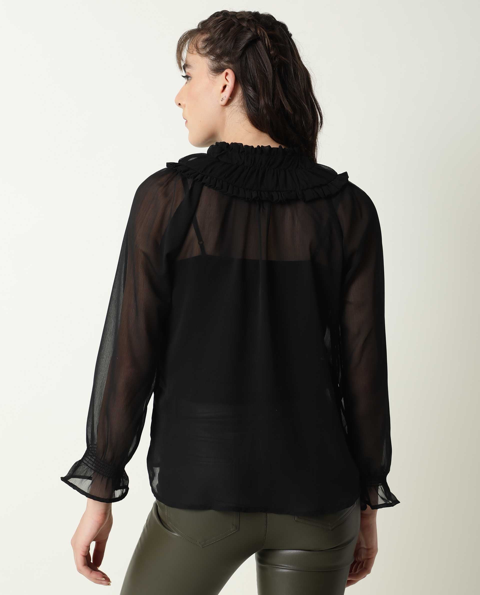 Rareism Women's Pesto Black Viscose Tie-Up Neck Plain Tailored Top
