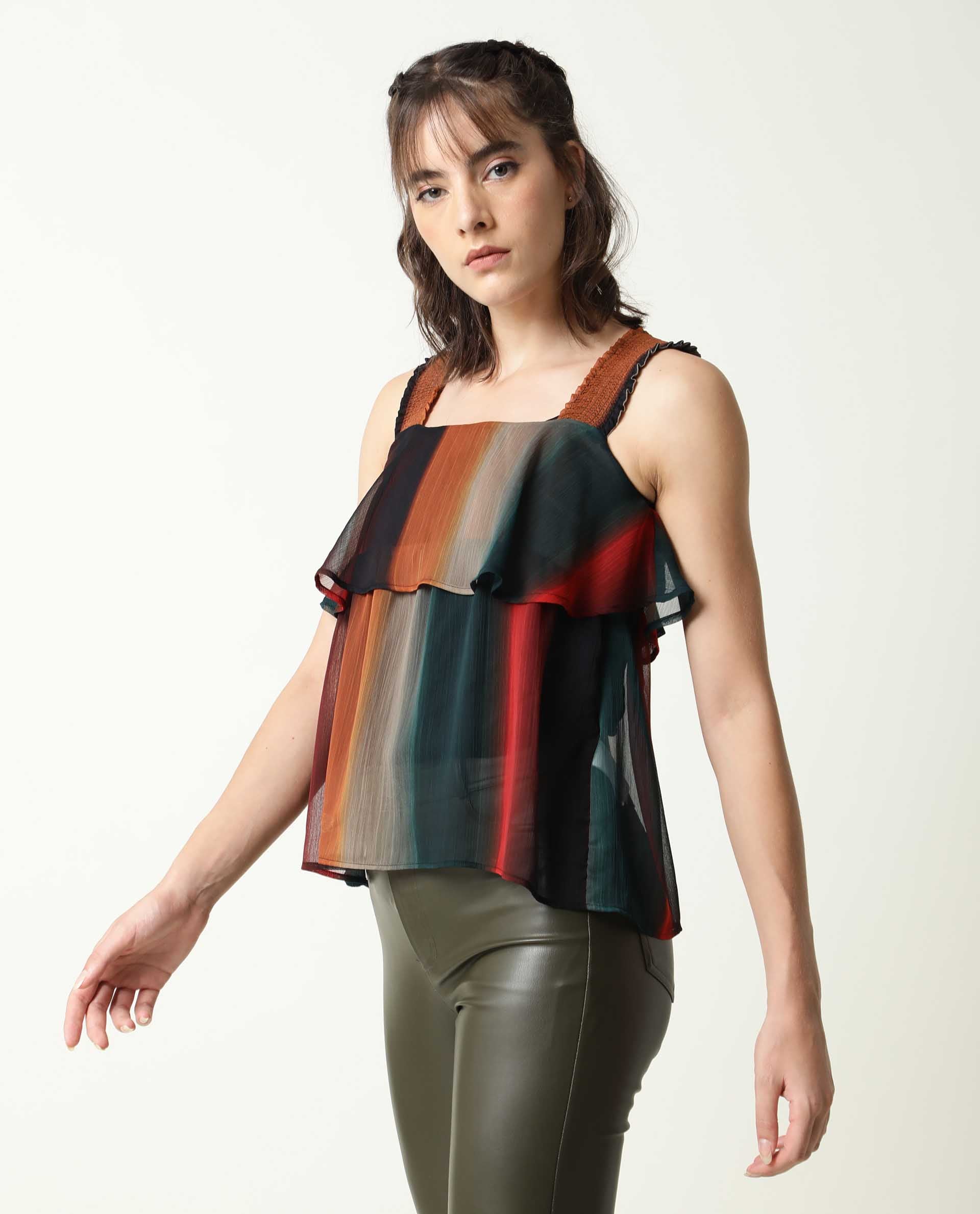 Rareism Women's Pepsi Multi Viscose Square Neck Striped Shoulder Strap Crop Regular Fit Top