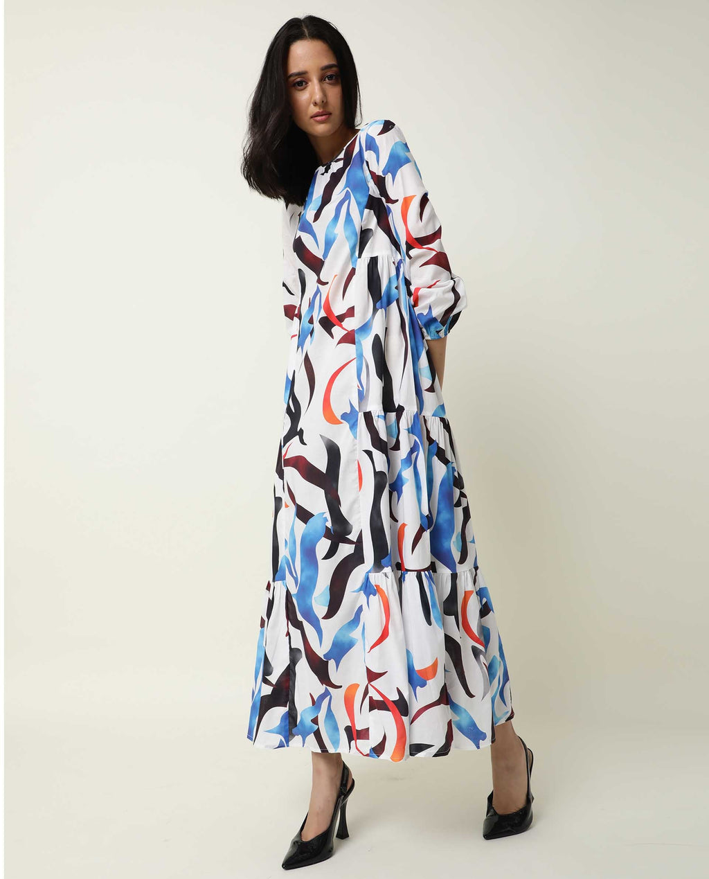 Rareism Women's Europe White Boat Neck Abstract Print Maxi Regular Fit Dress