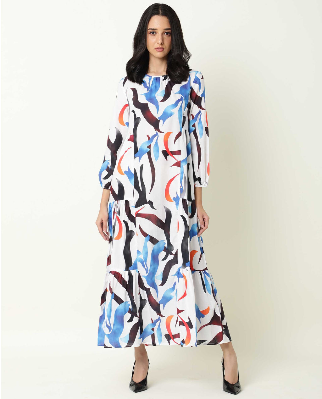 Rareism Women's Europe White Boat Neck Abstract Print Maxi Regular Fit Dress
