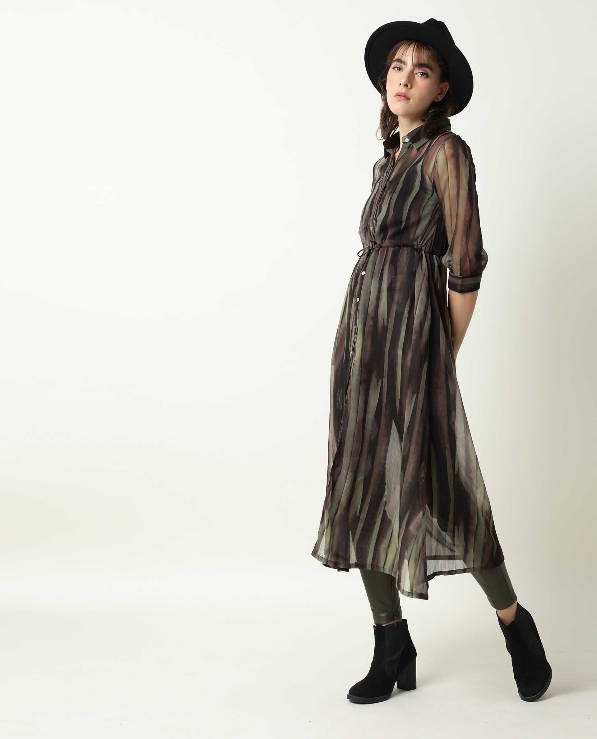 Rareism Women's Klepto Green Spread Collar Striped Knee Length Regular Fit Dress
