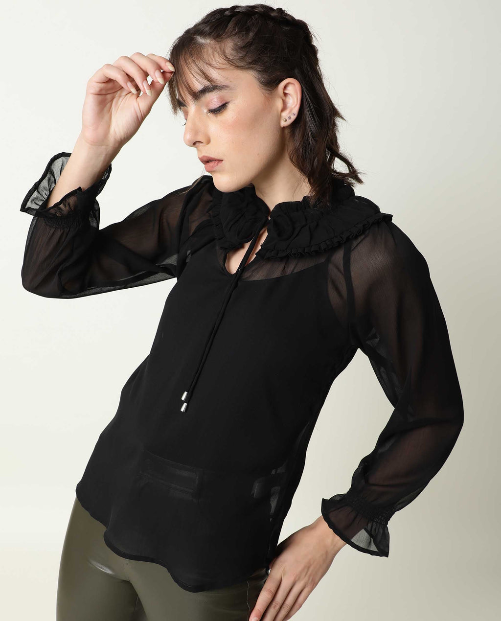 Rareism Women's Pesto Black Viscose Tie-Up Neck Plain Tailored Top
