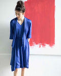Rareism Women's Yeme Blue V-Neck Plain Flared Sleeve Knee Length Regular Fit Dress