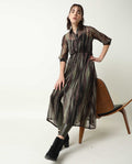 Rareism Women's Klepto Green Spread Collar Striped Knee Length Regular Fit Dress