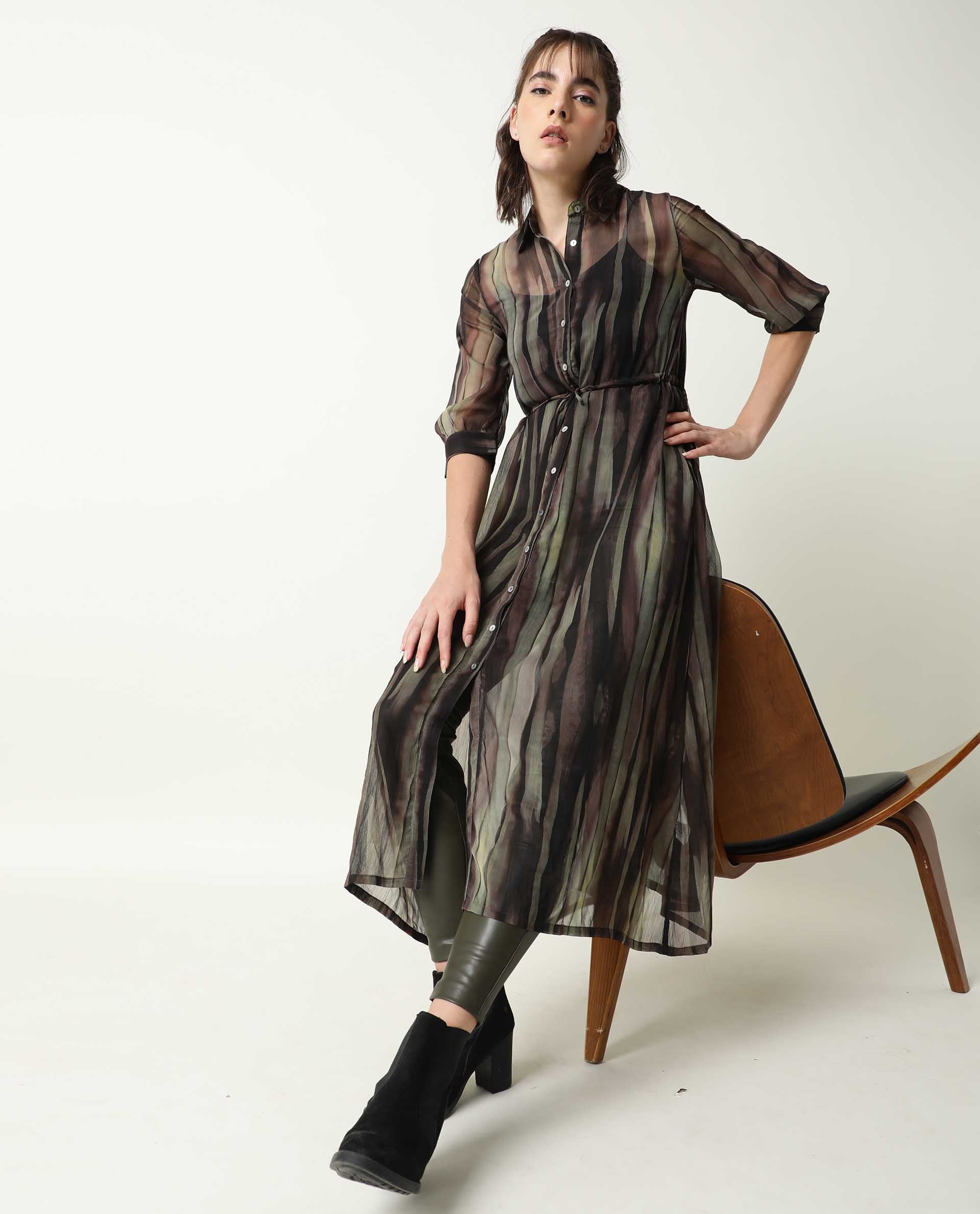 Rareism Women's Klepto Green Spread Collar Striped Knee Length Regular Fit Dress