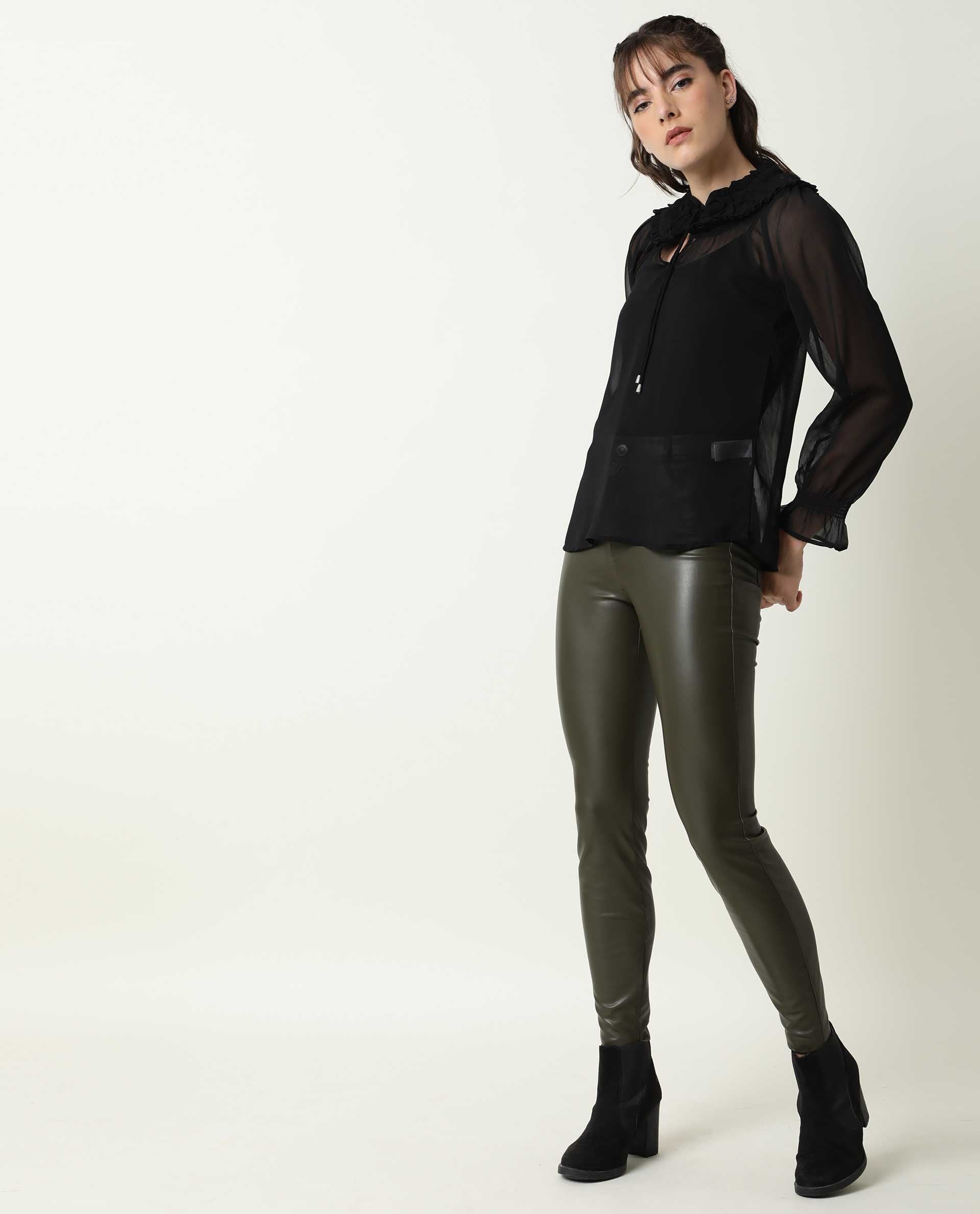 Rareism Women's Pesto Black Viscose Tie-Up Neck Plain Tailored Top
