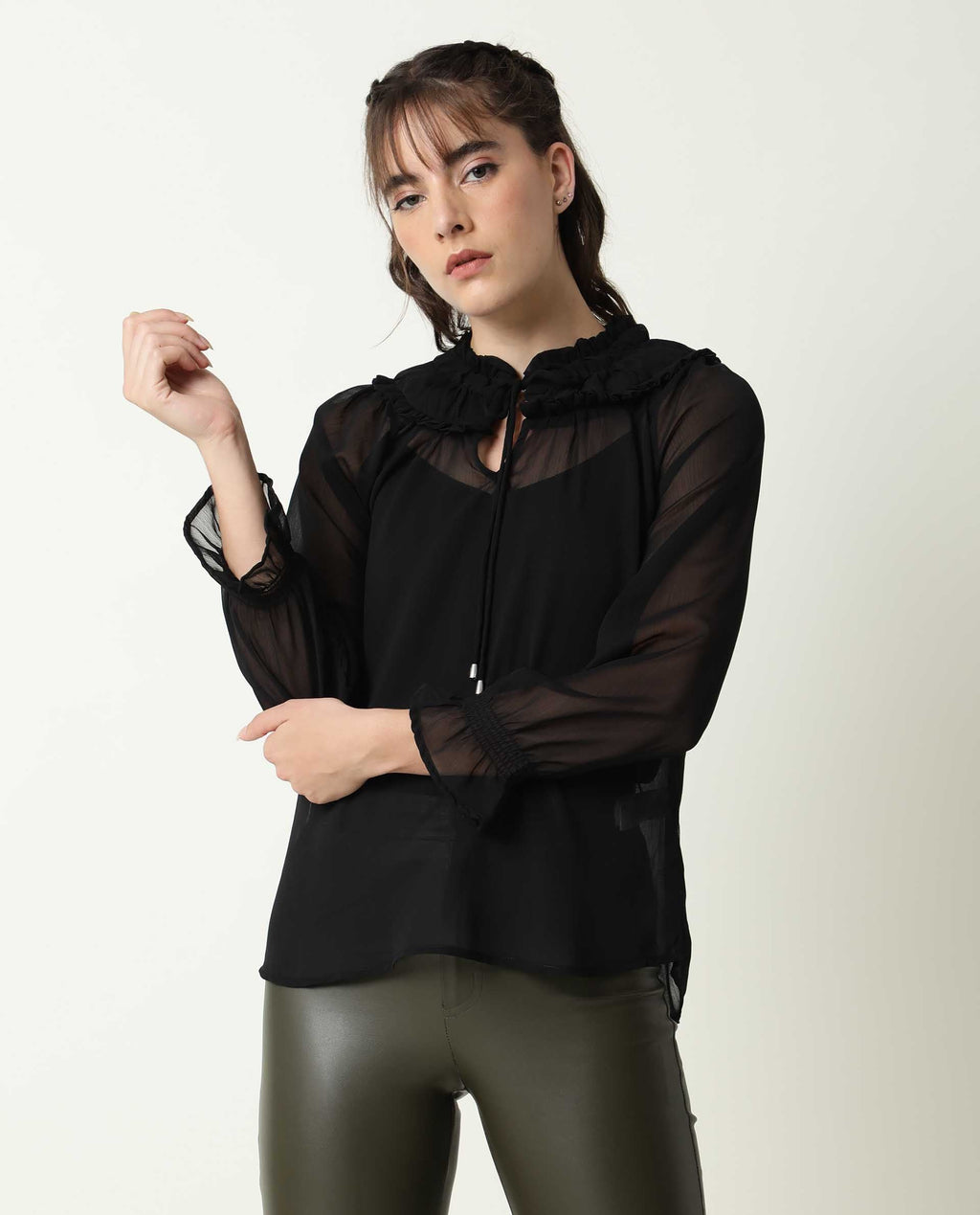 Rareism Women's Pesto Black Viscose Tie-Up Neck Plain Tailored Top