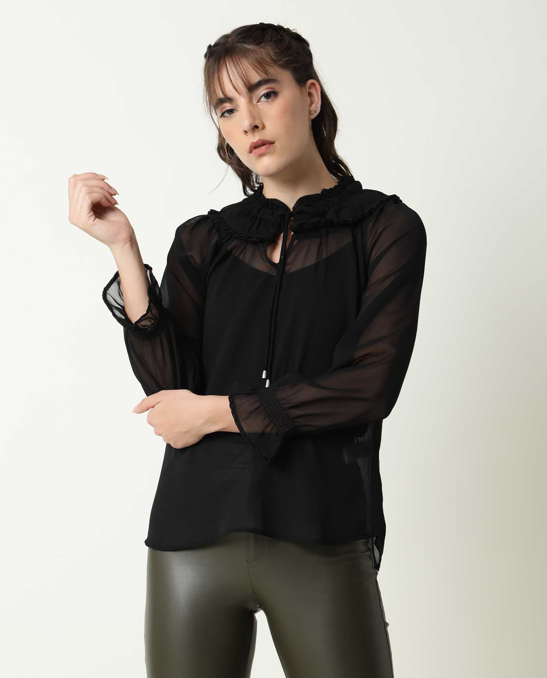 Rareism Women's Pesto Black Viscose Tie-Up Neck Plain Tailored Top