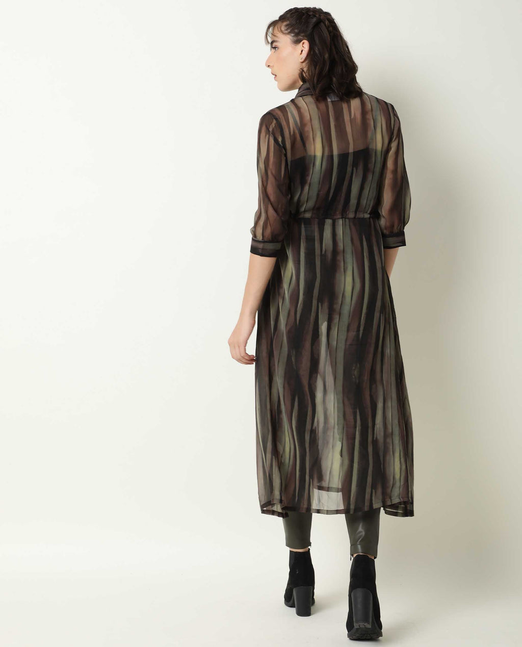 Rareism Women's Klepto Green Spread Collar Striped Knee Length Regular Fit Dress