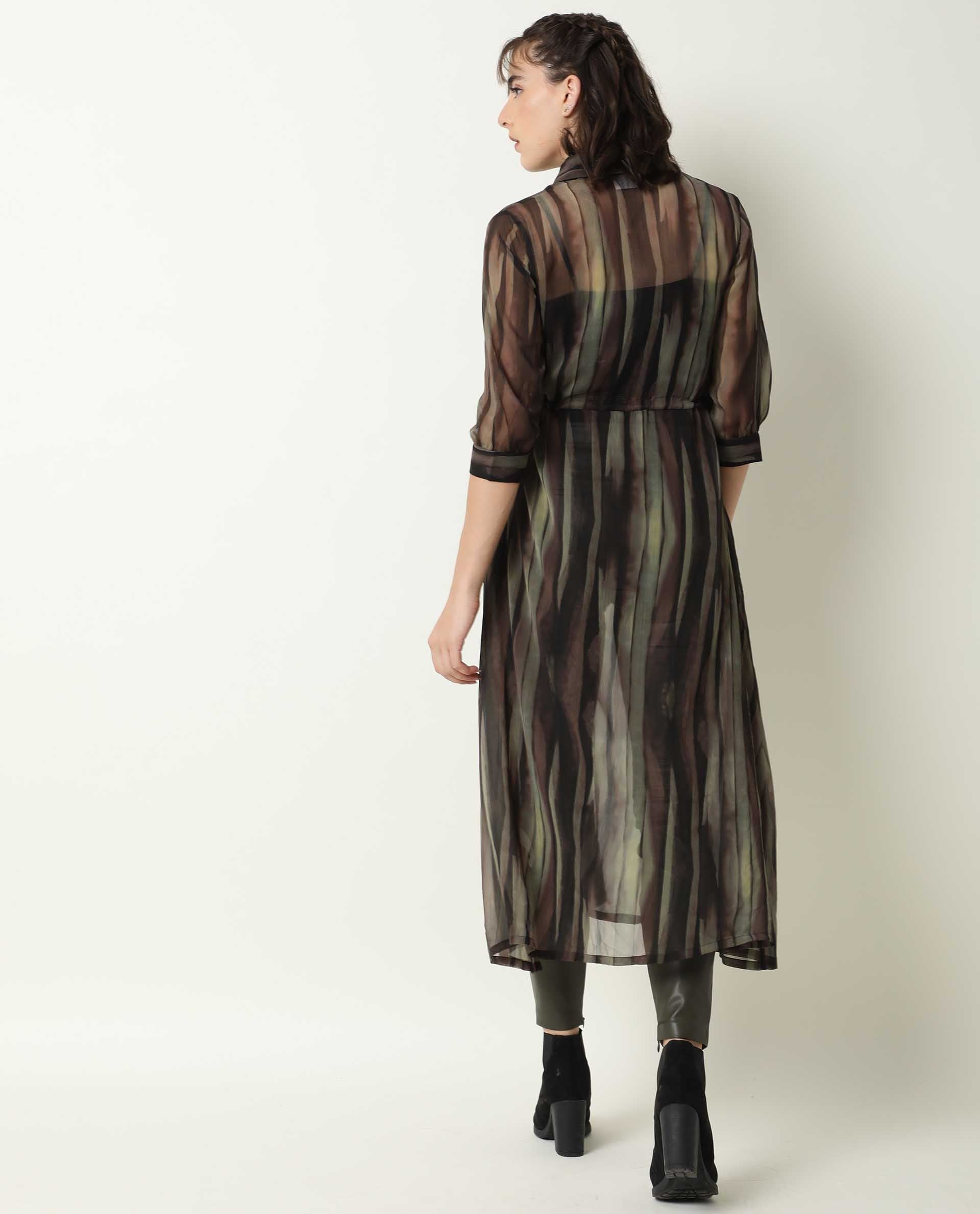 Rareism Women's Klepto Green Spread Collar Striped Knee Length Regular Fit Dress