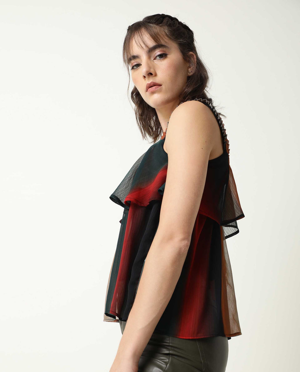 Rareism Women's Pepsi Multi Viscose Square Neck Striped Shoulder Strap Crop Regular Fit Top