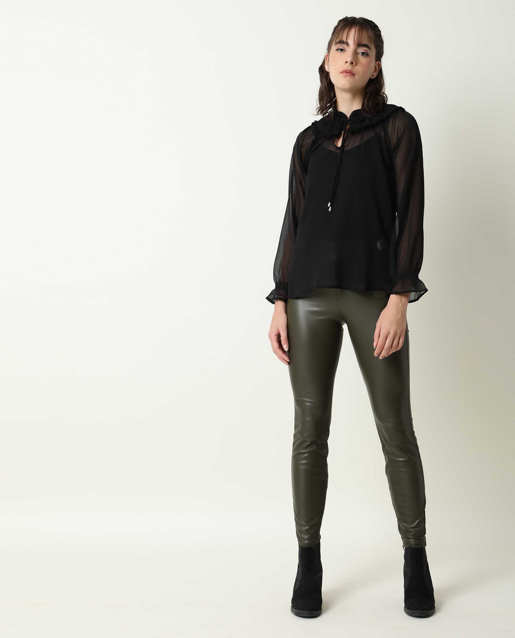 Rareism Women's Pesto Black Viscose Tie-Up Neck Plain Tailored Top