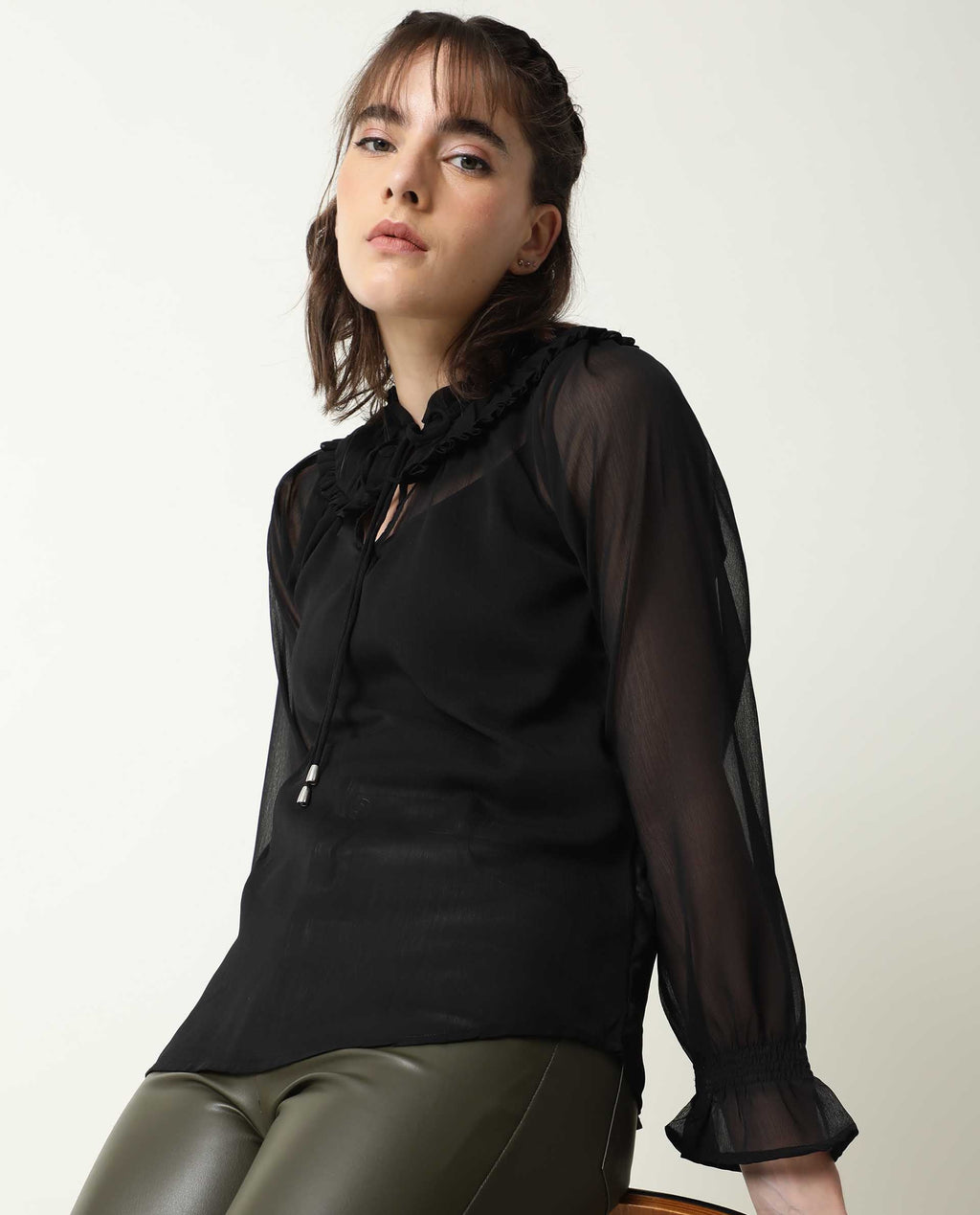 Rareism Women's Pesto Black Viscose Tie-Up Neck Plain Tailored Top
