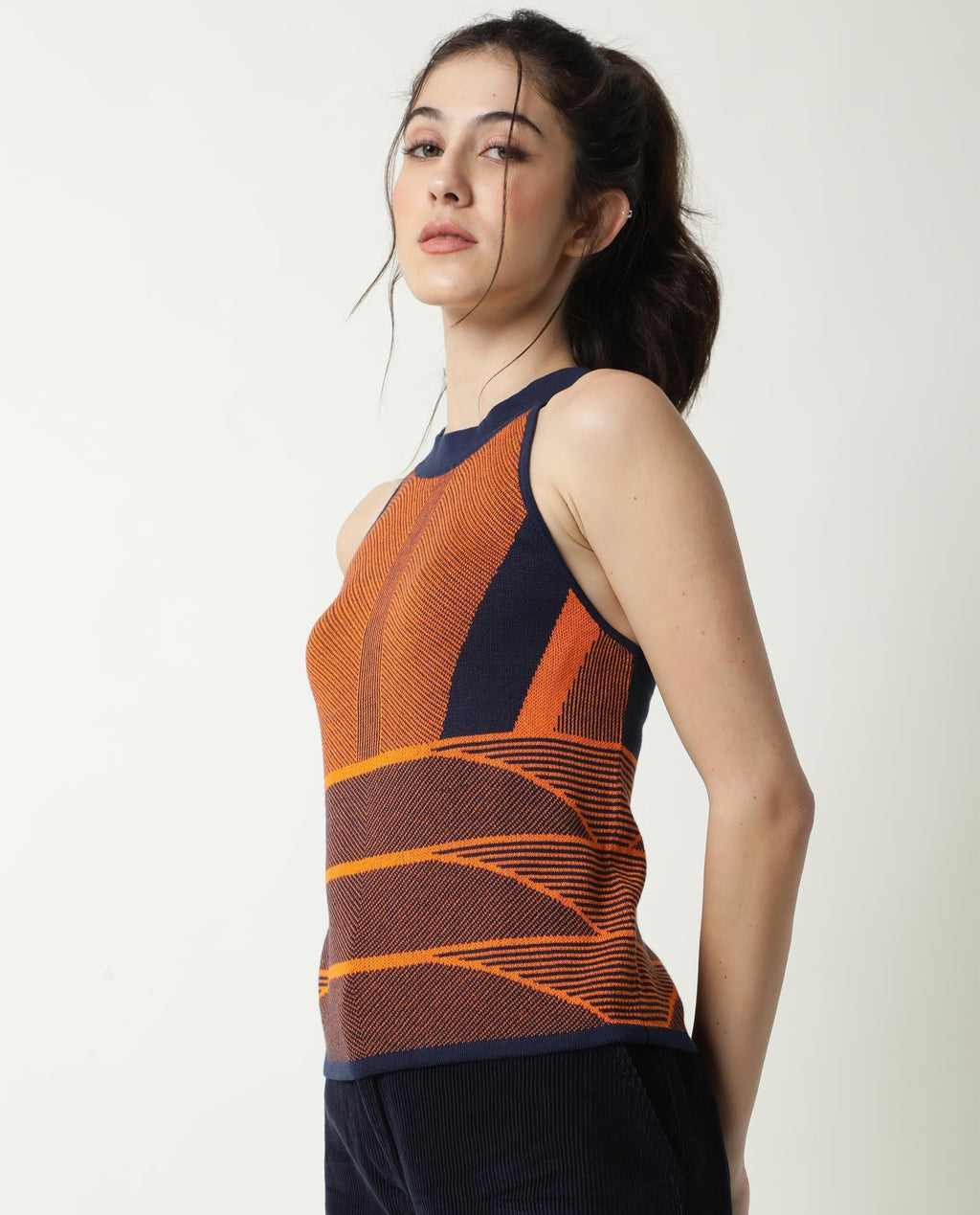 Rareism Women's Lila Orange Cotton Halter Neck Textured Sleeveless Regular Fit Sweater