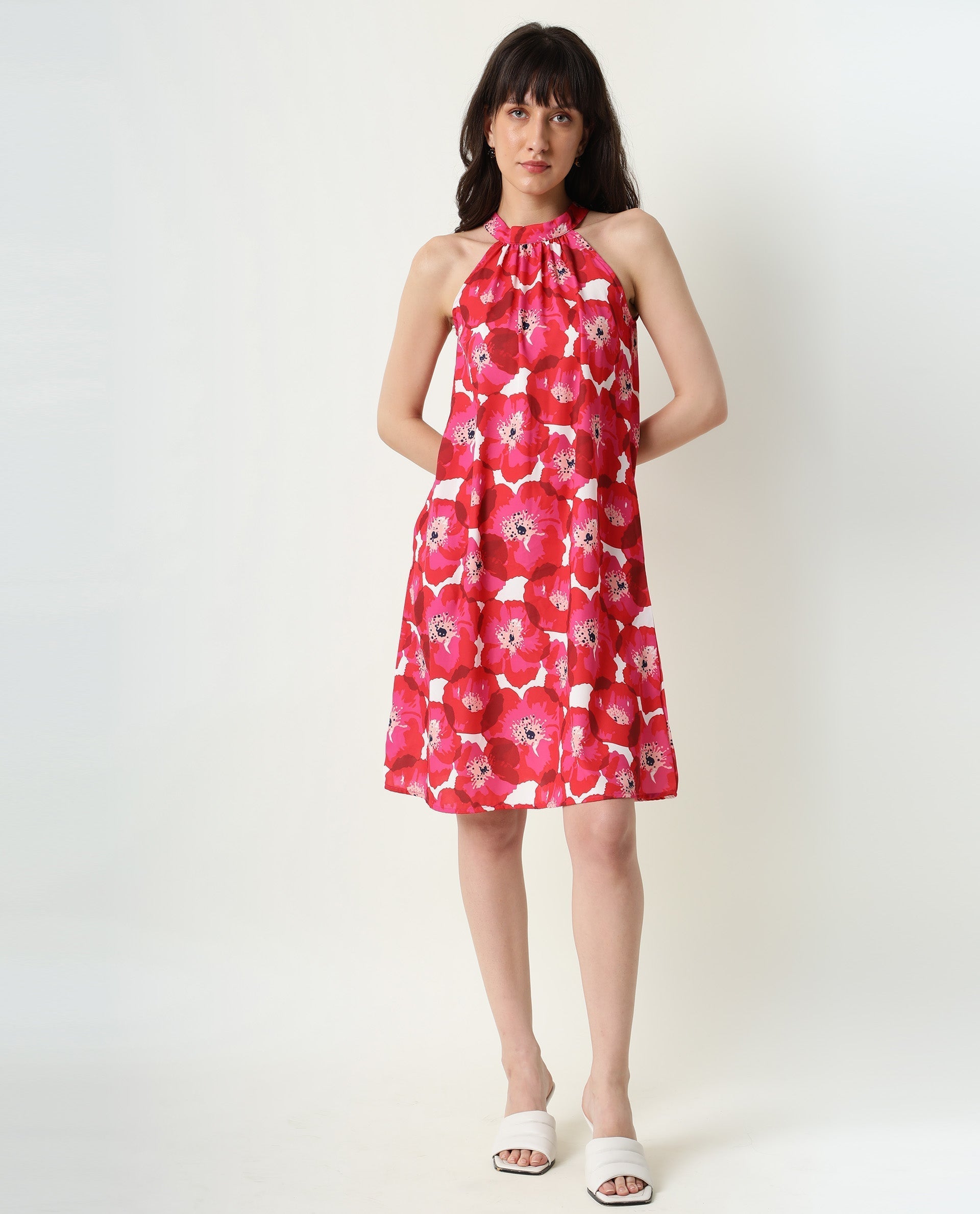 Rareism Women's Oasis Red Halter Neck Floral Print Sleeveless Knee Length Regular Fit Dress