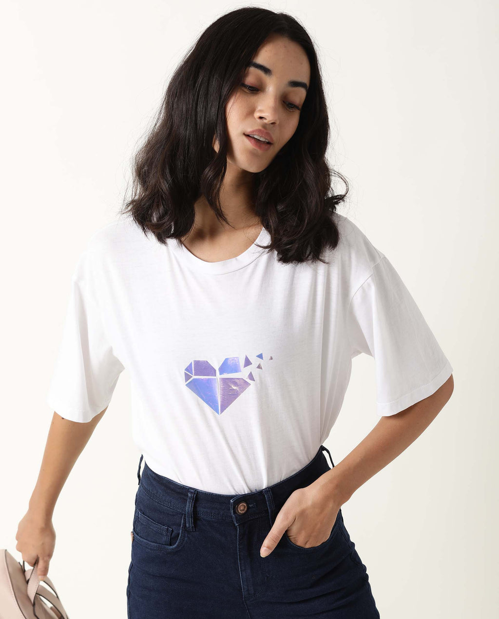Rareism Womens Nat White T-Shirt Cotton Fabric Regular Fit Half Sleeve Round Neck