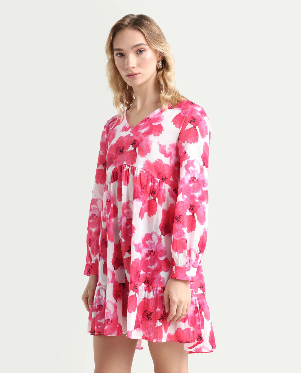 Rareism Women's Valan Pink Cotton V-Neck Floral Print Mini Fit And Flare Dress