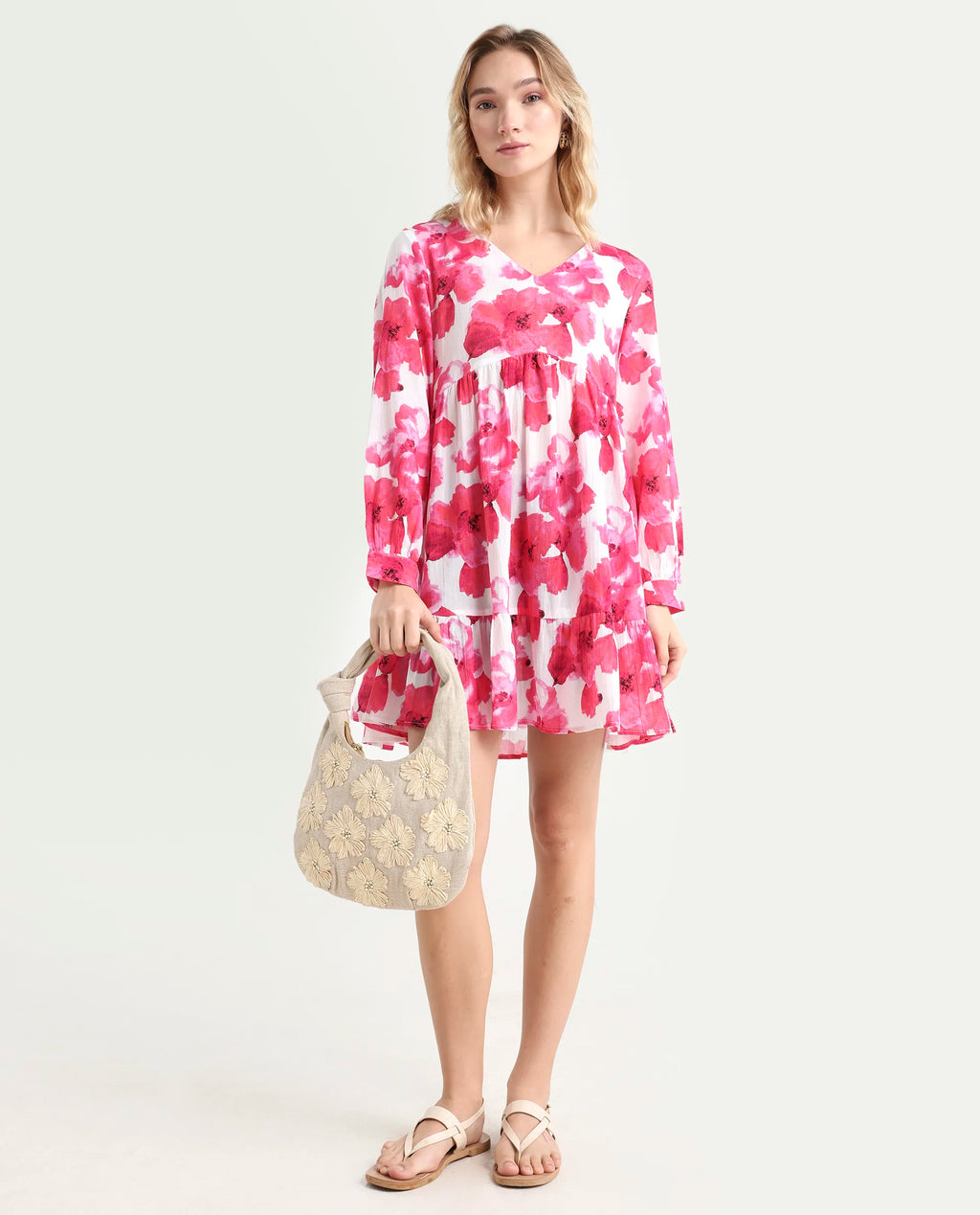 Rareism Women's Valan Pink Cotton V-Neck Floral Print Mini Fit And Flare Dress