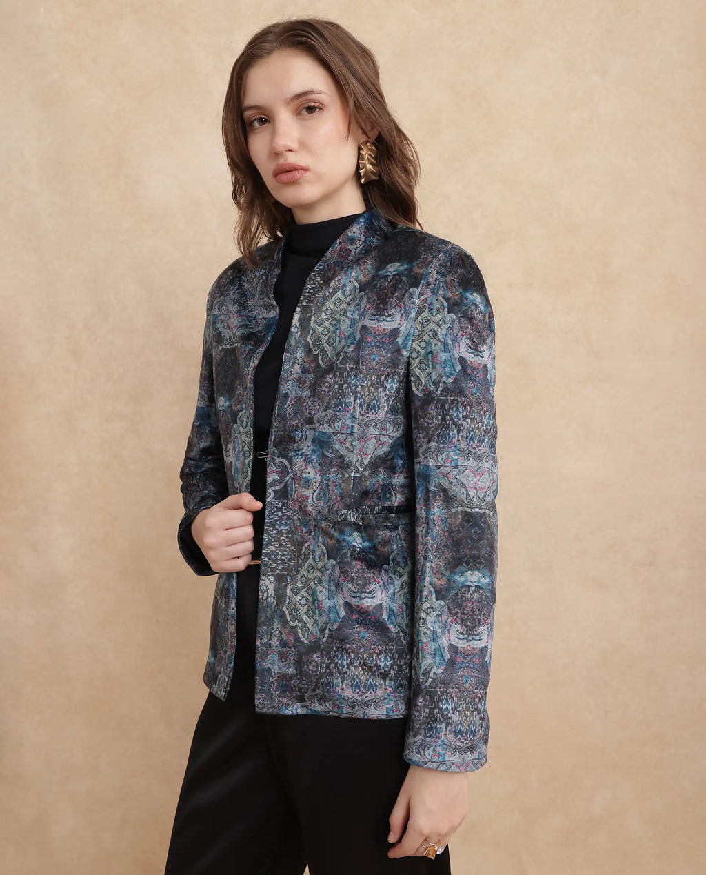 Rareism Women's Valorie Multi Velvet Lapel Neck Abstract Print Cuffed Sleeve Regular Fit Blazer