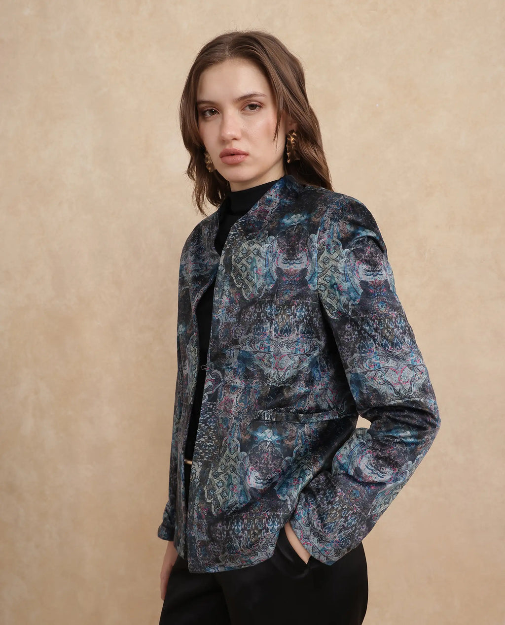 Rareism Women's Valorie Multi Velvet Lapel Neck Abstract Print Cuffed Sleeve Regular Fit Blazer