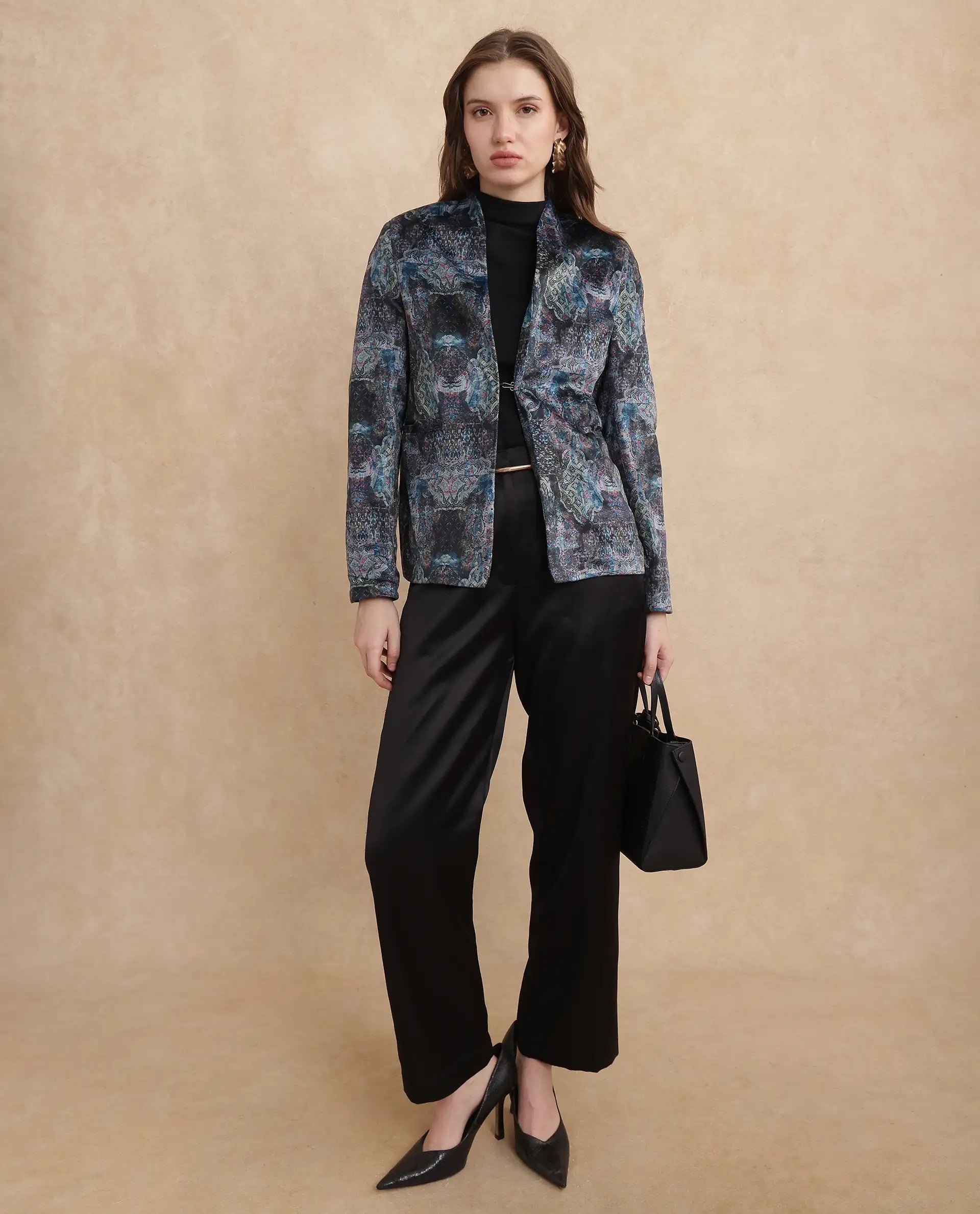 Rareism Women's Valorie Multi Velvet Lapel Neck Abstract Print Cuffed Sleeve Regular Fit Blazer