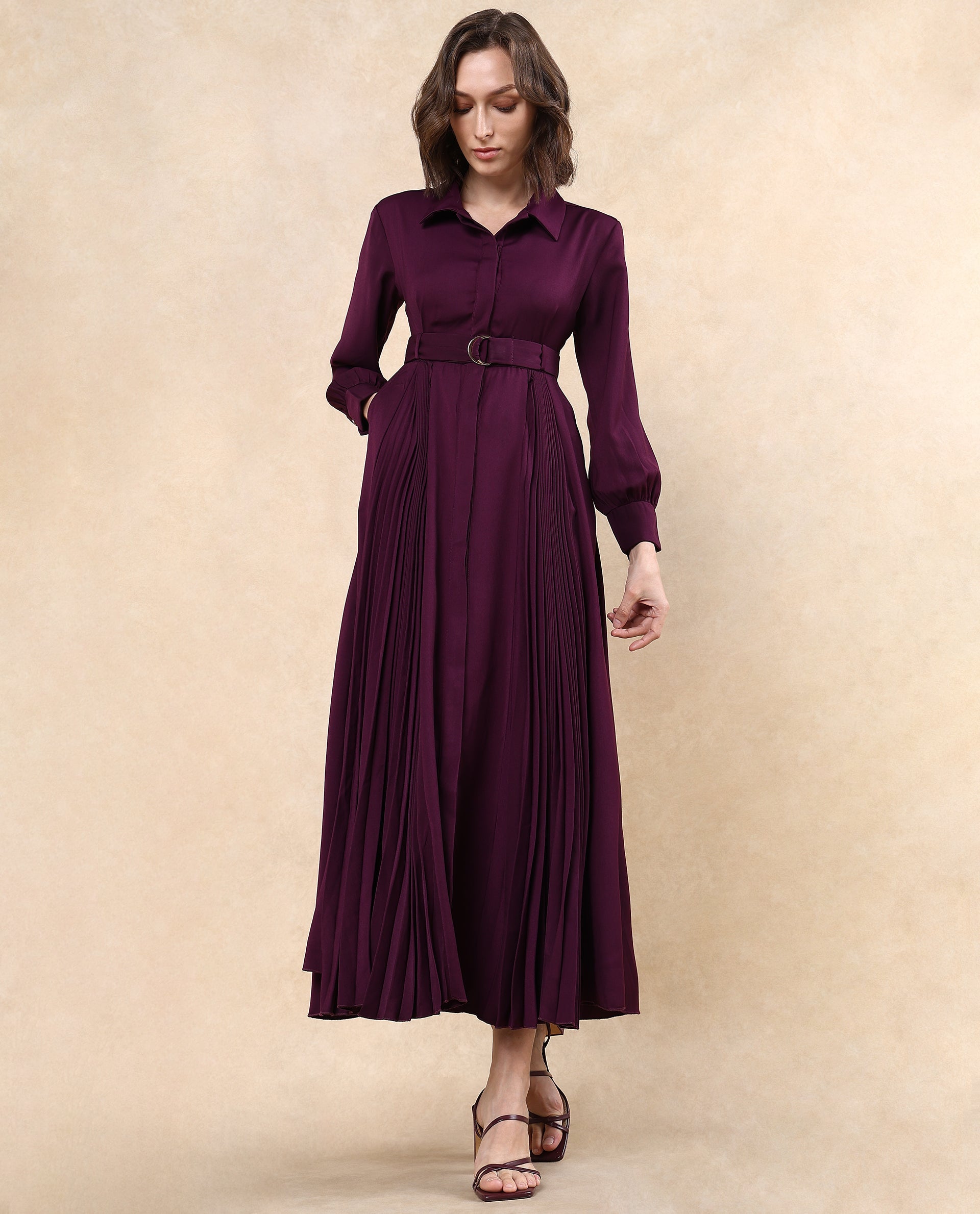 Rareism Women's Vanadzor Purple Satin Drop Collar Plain Bishop Sleeve Maxi Flared Dress