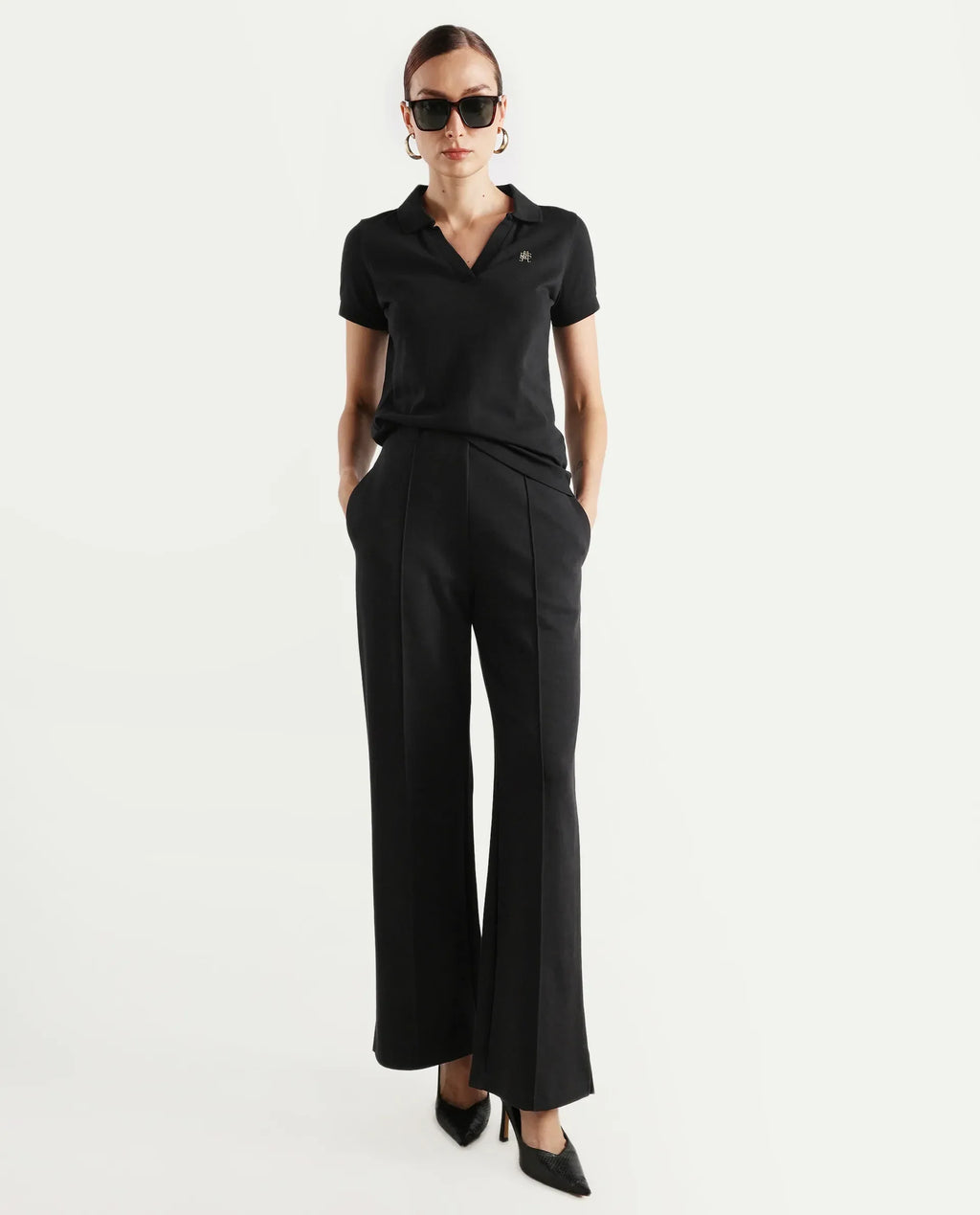 Rareism Women's Van Black Cotton Blend Polo Neck Plain Regular Fit Polo