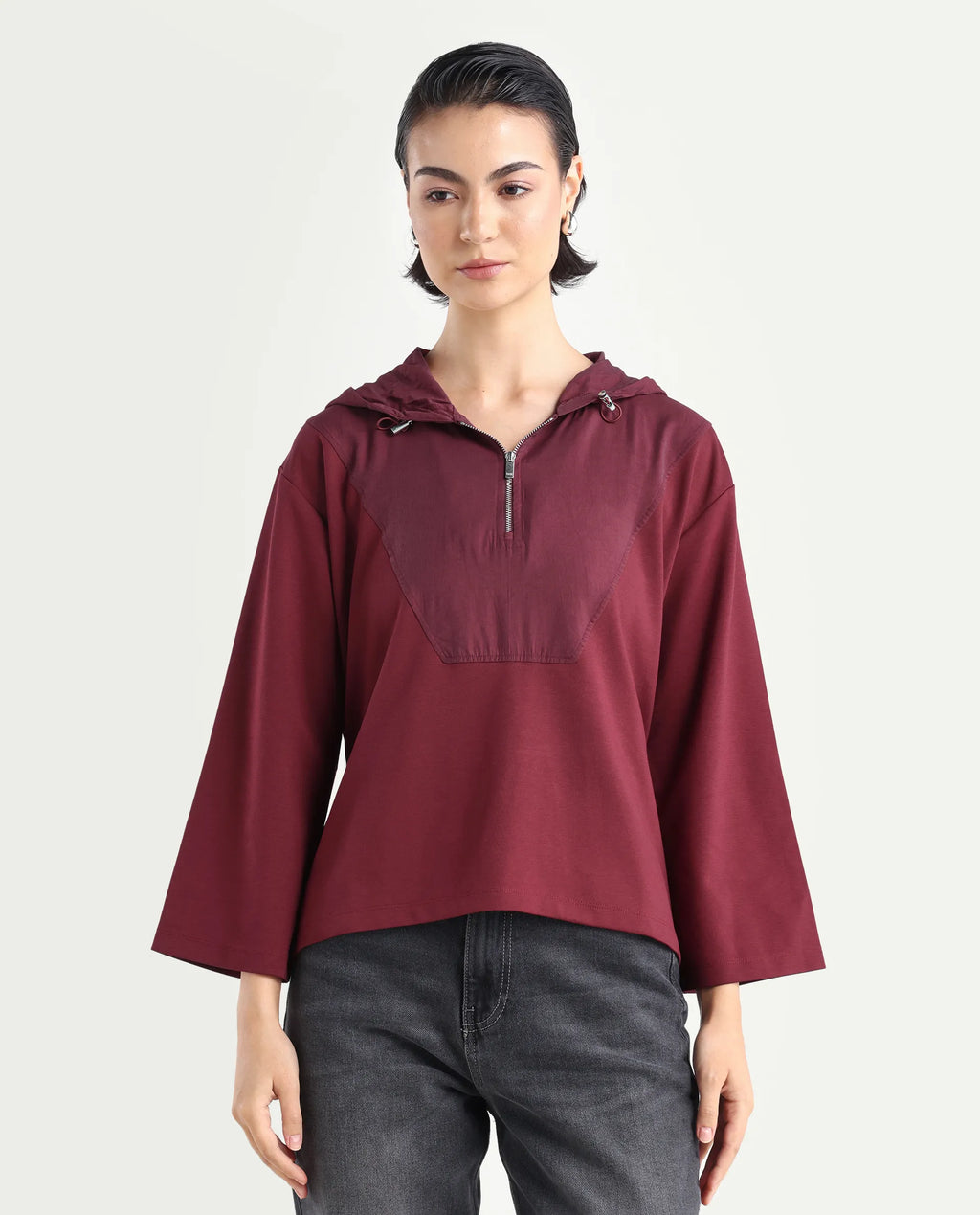 Rareism Women's Vancouver Maroon Cotton Blend Hooded Plain Relaxed Fit Sweatshirt