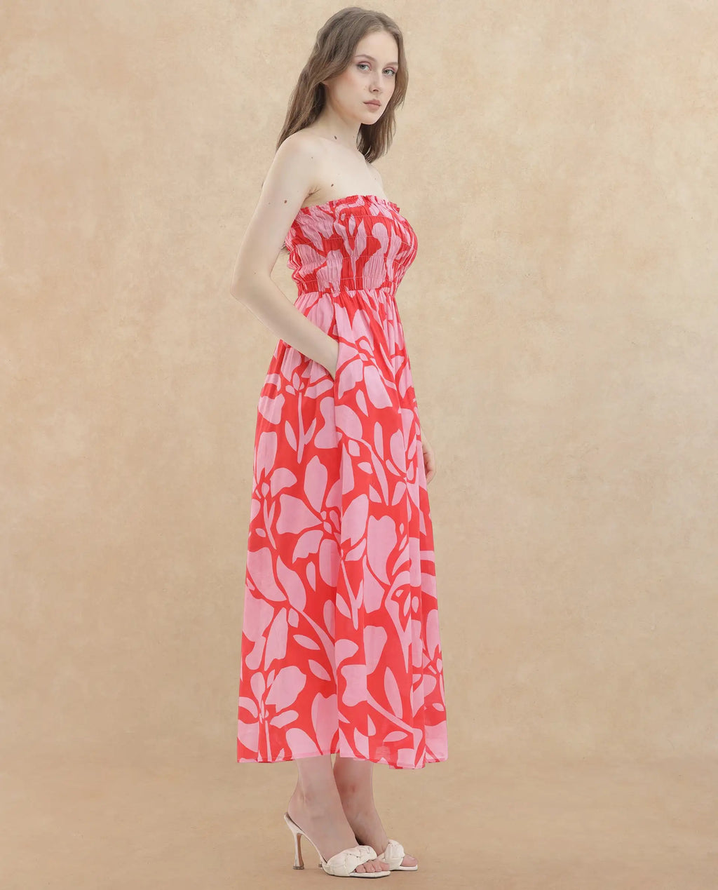 Rareism Women's Vanka Red Cotton Shoulder Strap Floral Print Shoulder Strap Maxi Fit And Flare Dress