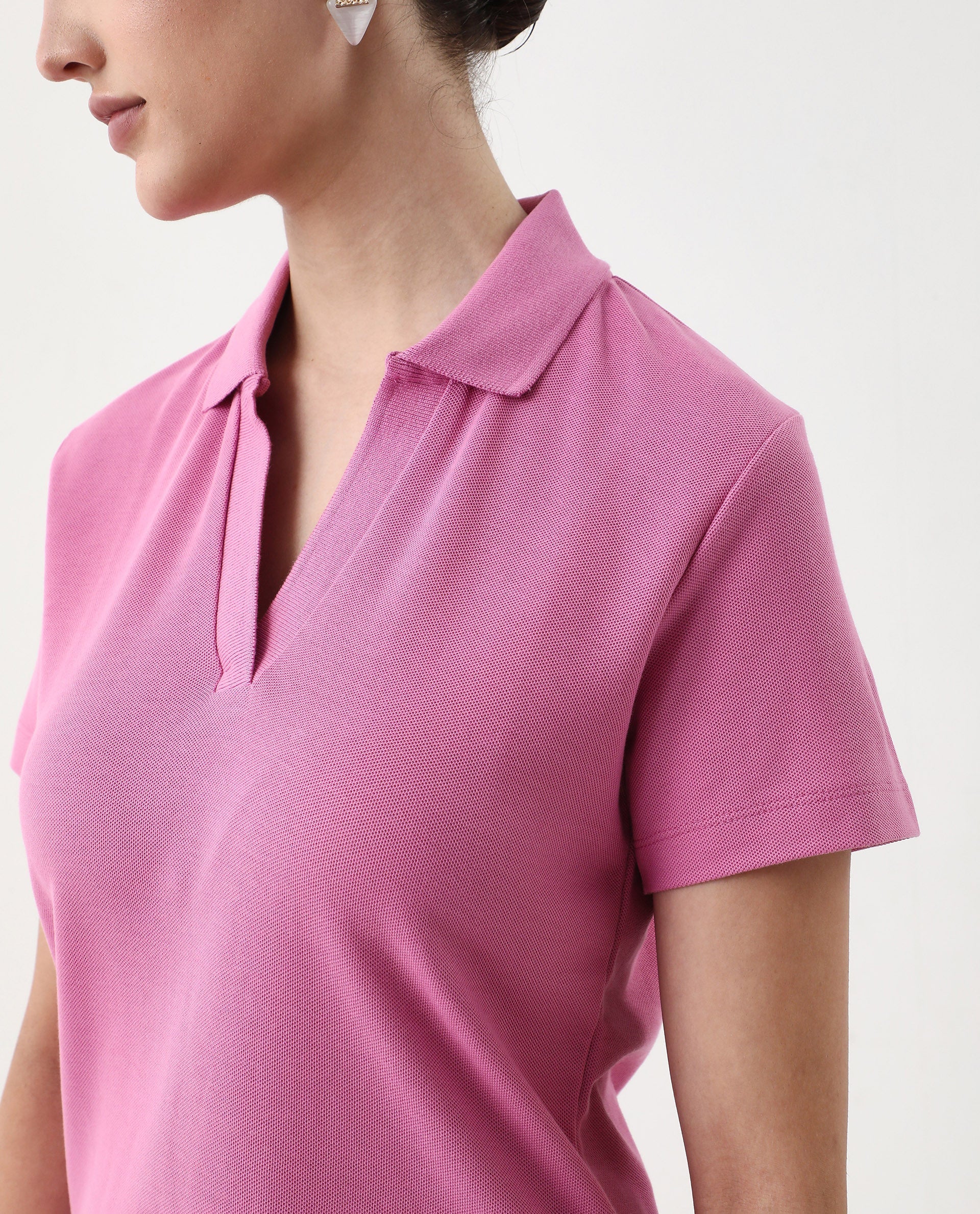 Rareism Women's Vano Pink Cotton Crew Neck Graphic Print Oversized Polo