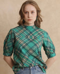 Rareism Women's Vante Green Cotton Mandarin Collar Flannel Print Puff Sleeves Regular Fit Top