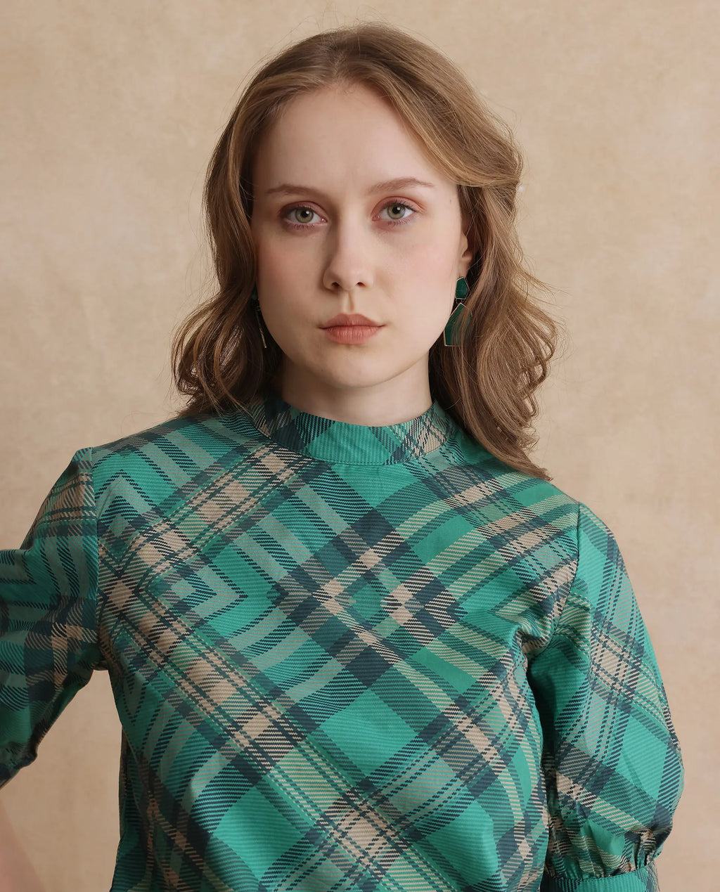 Rareism Women's Vante Green Cotton Mandarin Collar Flannel Print Puff Sleeves Regular Fit Top
