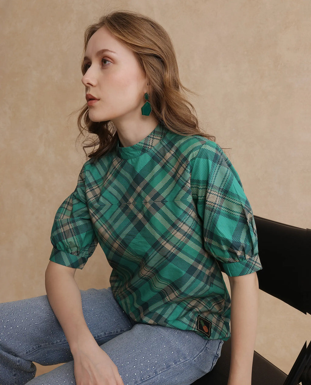 Rareism Women's Vante Green Cotton Mandarin Collar Flannel Print Puff Sleeves Regular Fit Top