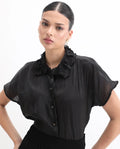 Rareism Women's Varfa Black Polyester Drop Collar Plain Boxy Fit Shirt