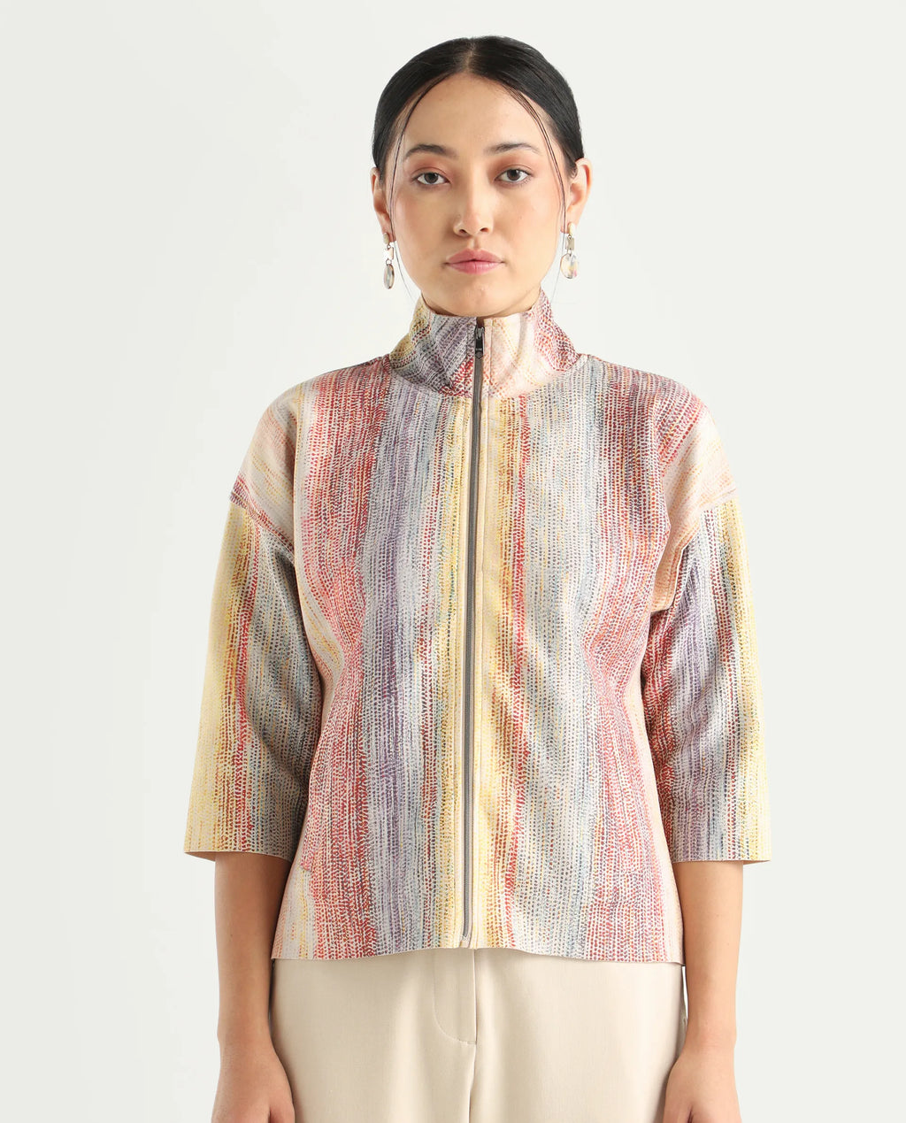 Rareism Women's Vasa Light Multi Suede Stand Collar Abstract Print Boxy Fit Jacket