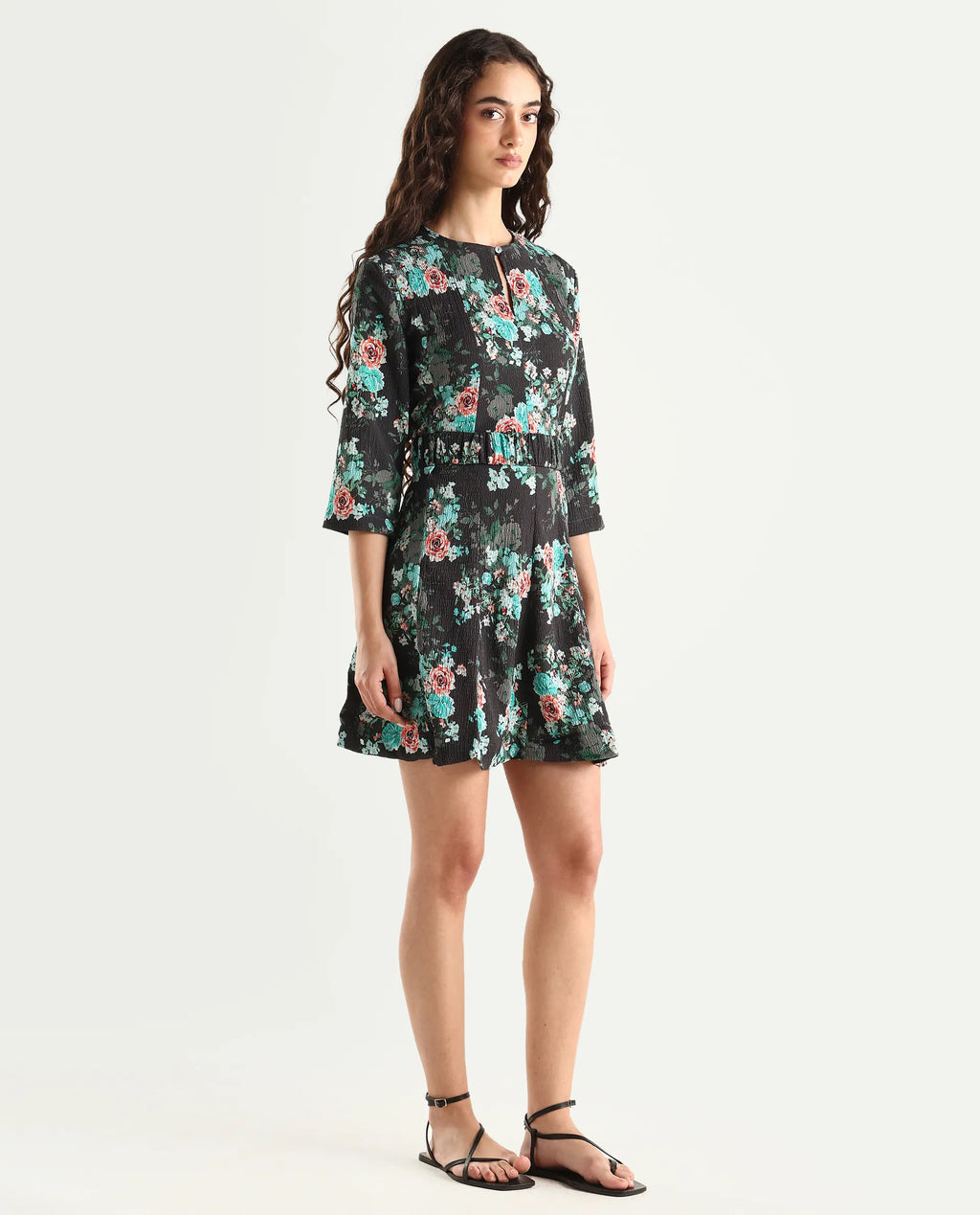 Rareism Women's Vasec Grey Key Hole Neck Floral Print Knee Length Regular Fit Dress