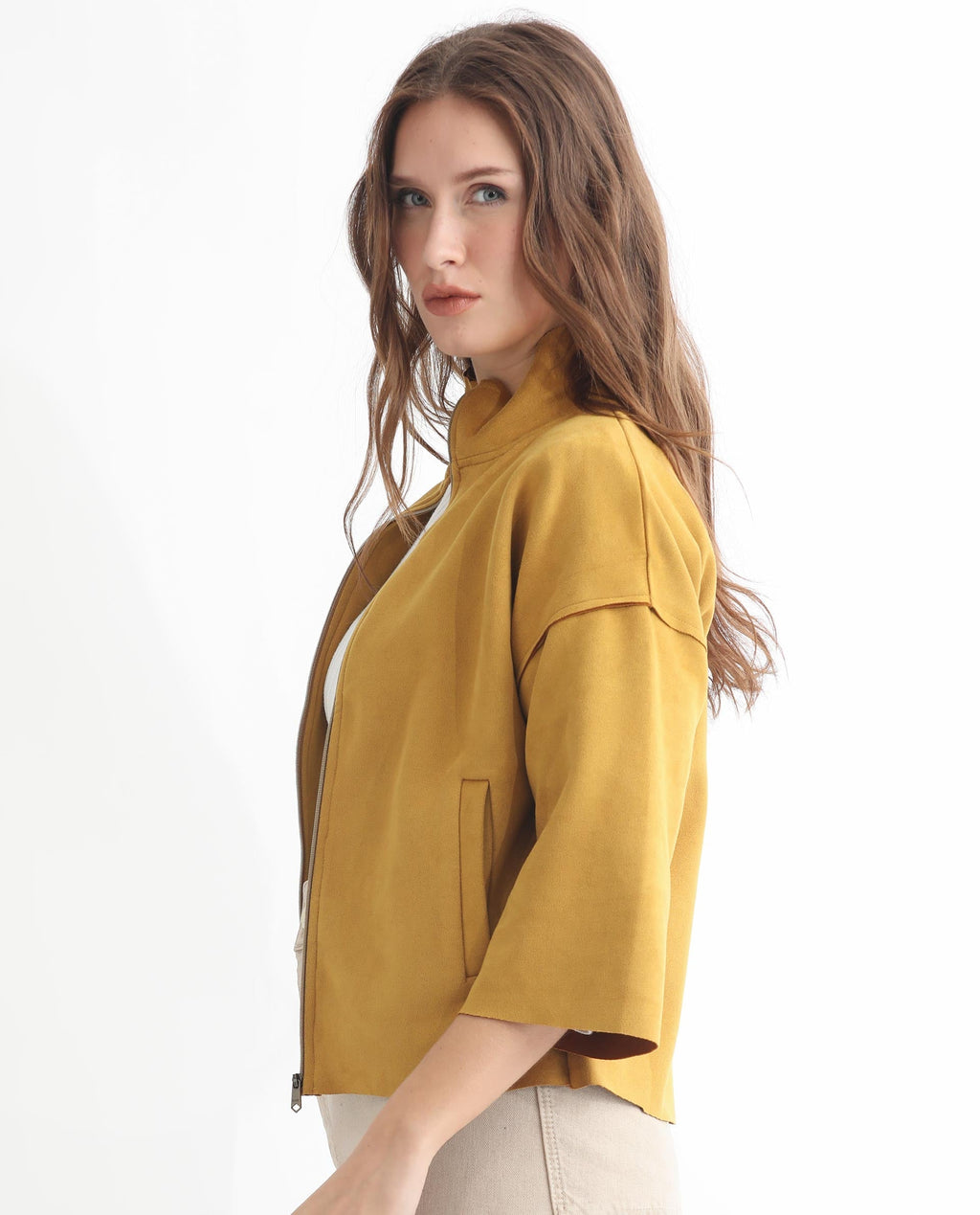 Rareism Women's Vasu 1 Mustard Suede Mandarin Collar Plain Regular Fit Jacket