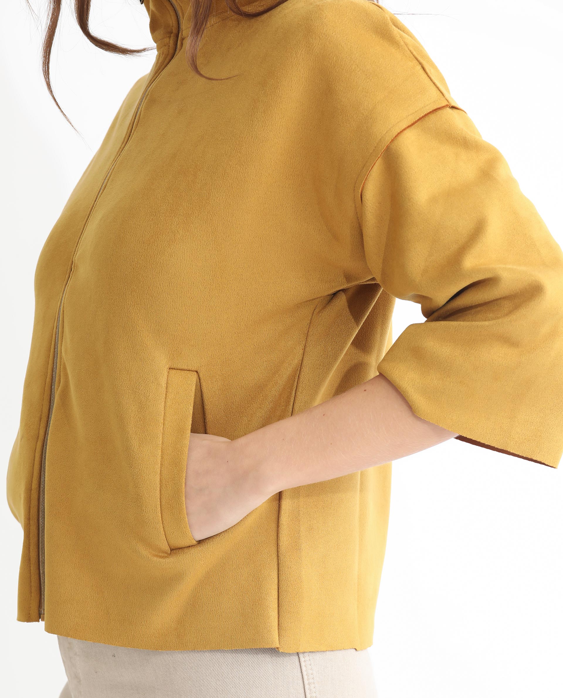 Rareism Women's Vasu 1 Mustard Suede Mandarin Collar Plain Regular Fit Jacket