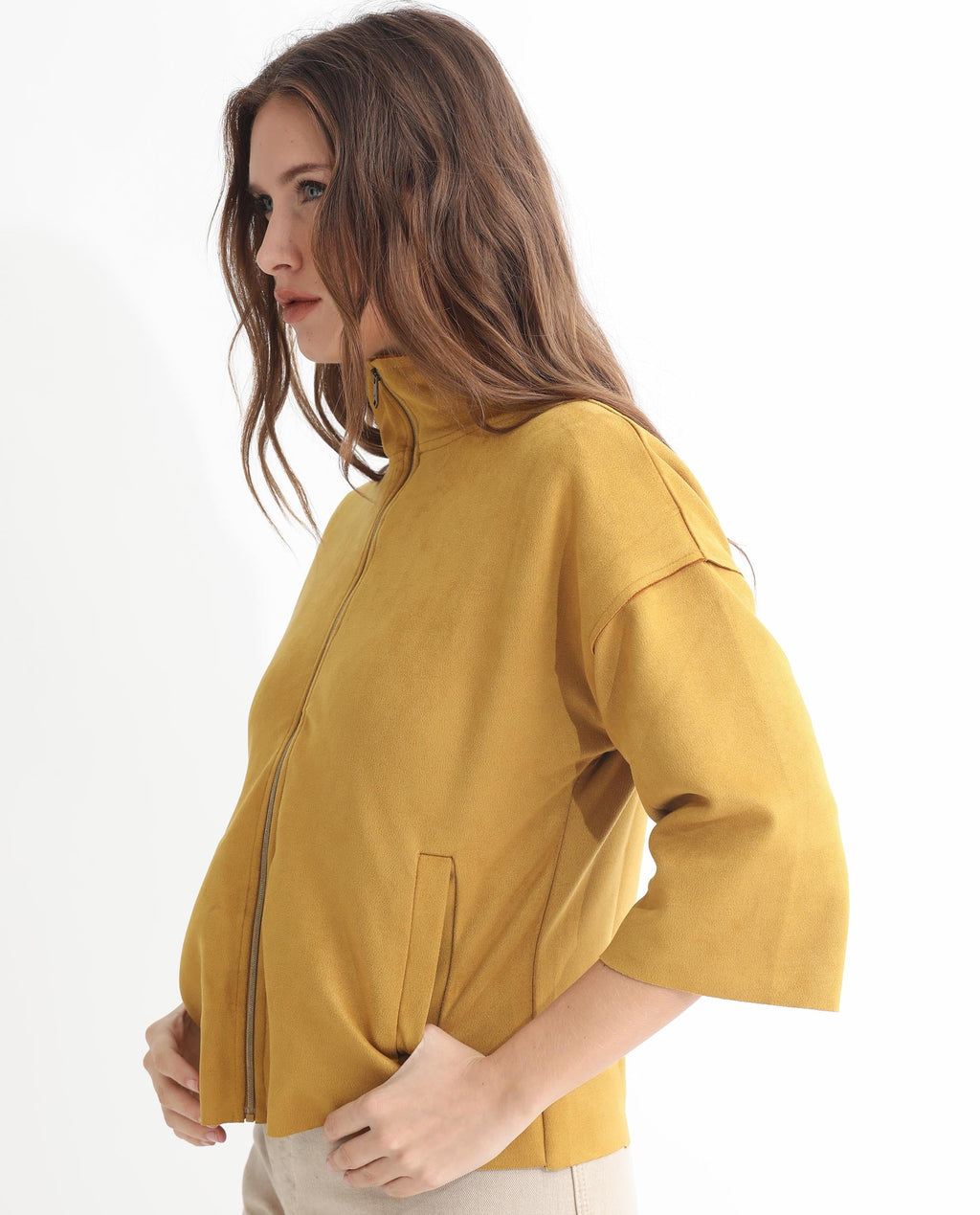 Rareism Women's Vasu 1 Mustard Suede Mandarin Collar Plain Regular Fit Jacket