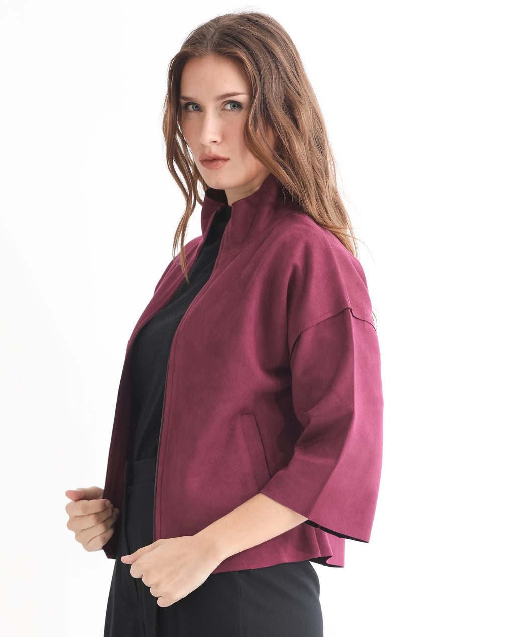 Rareism Women's Vasu 1 Pink Suede Mandarin Collar Plain Regular Fit Jacket