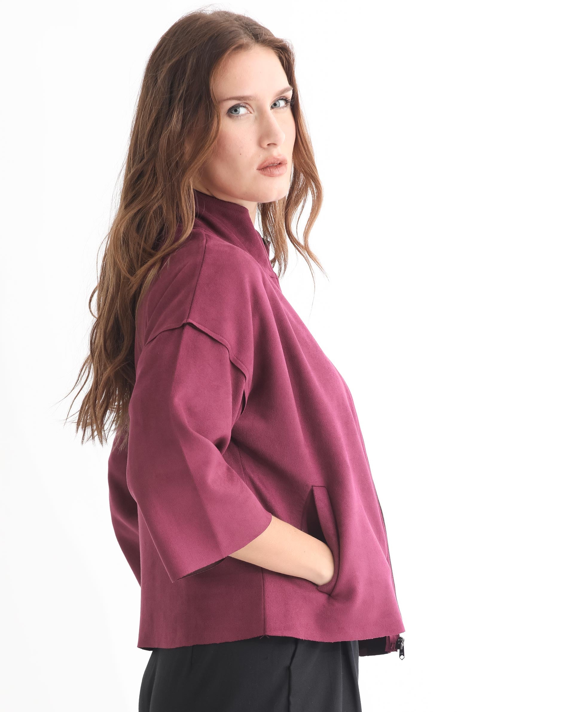 Rareism Women's Vasu 1 Pink Suede Mandarin Collar Plain Regular Fit Jacket