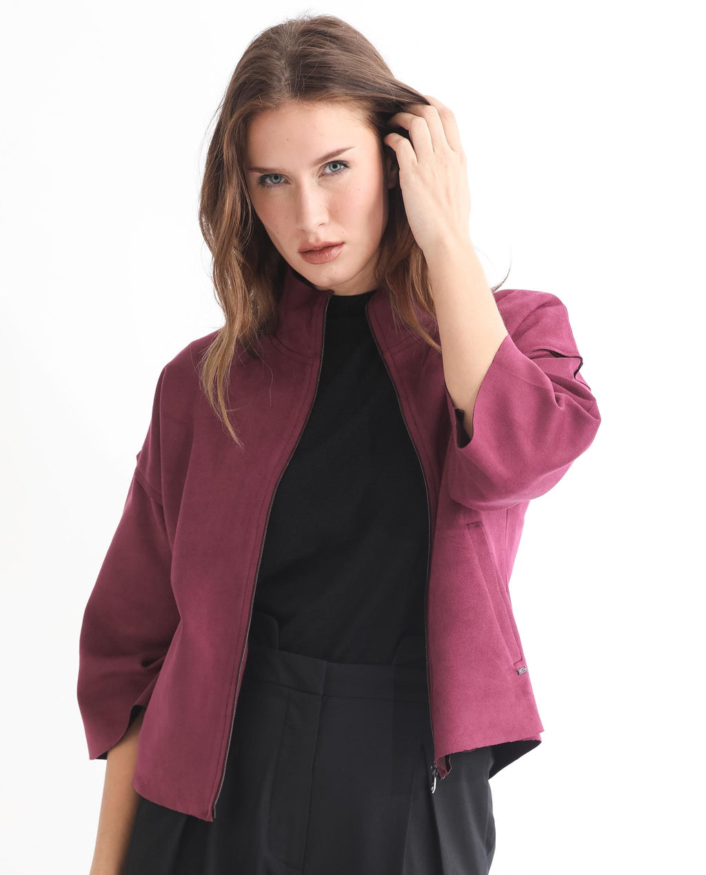 Rareism Women's Vasu 1 Pink Suede Mandarin Collar Plain Regular Fit Jacket